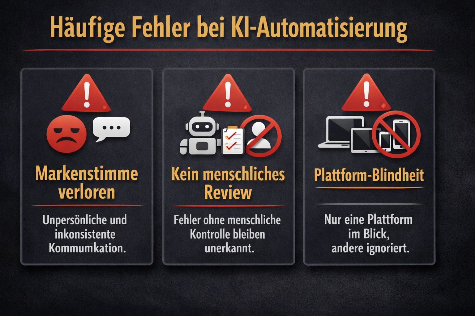 () concept illustration showing common automation mistakes labeled 'Häufige Fehler bei KI-Automatisierung' with three visual