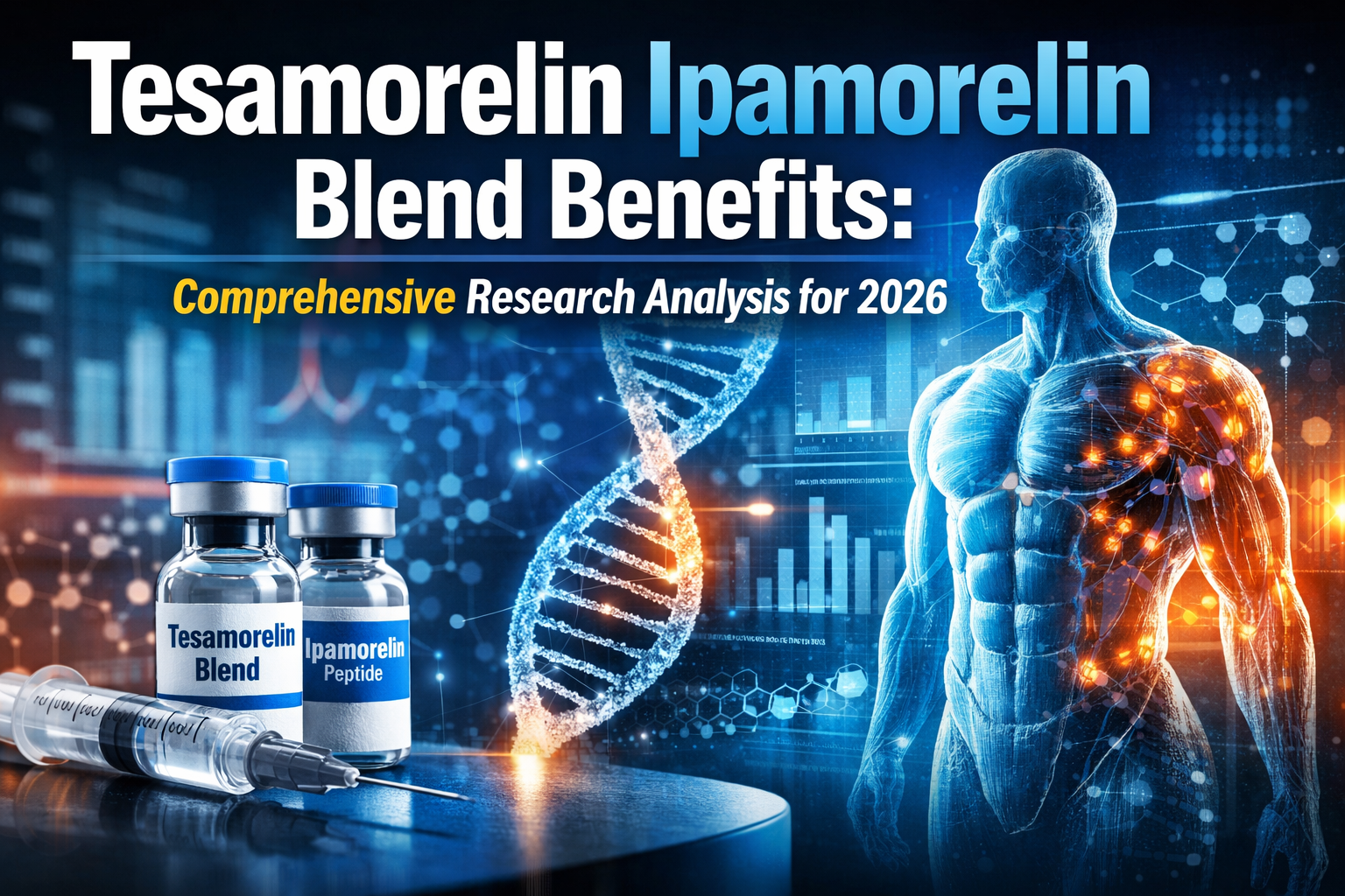 Professional landscape hero image (1536x1024) with bold text overlay: "Tesamorelin Ipamorelin Blend Benefits: Comprehensive Research Analysi