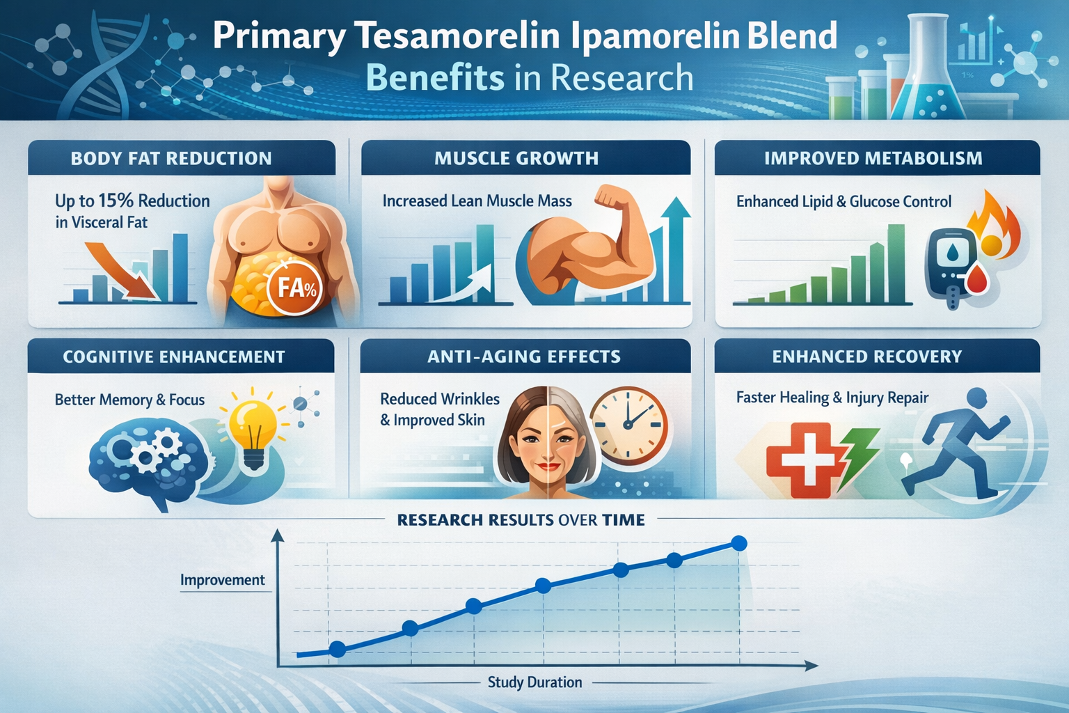 Professional landscape infographic (1536x1024) for article "Tesamorelin Ipamorelin Blend Benefits: Comprehensive Research Analysis for 2026"