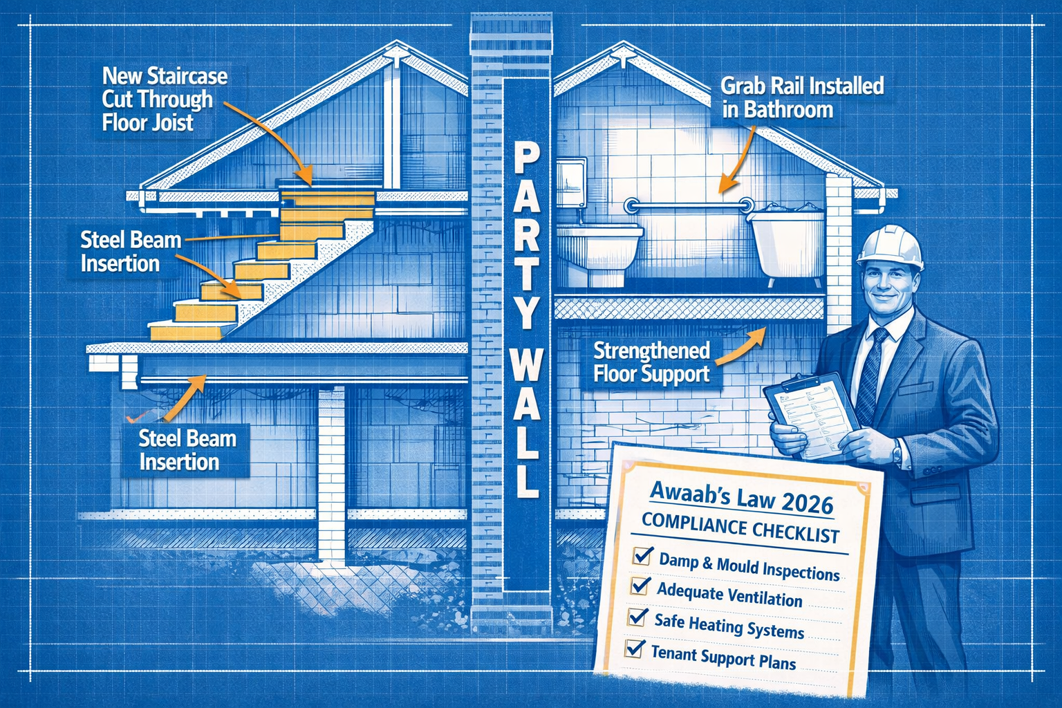 Detailed () editorial illustration showing a cross-section diagram of a UK terraced house party wall with annotated arrows
