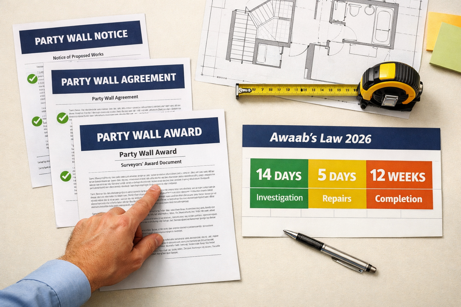 () overhead aerial view of a desk with party wall notice documents, a tape measure, architectural floor plans showing stair