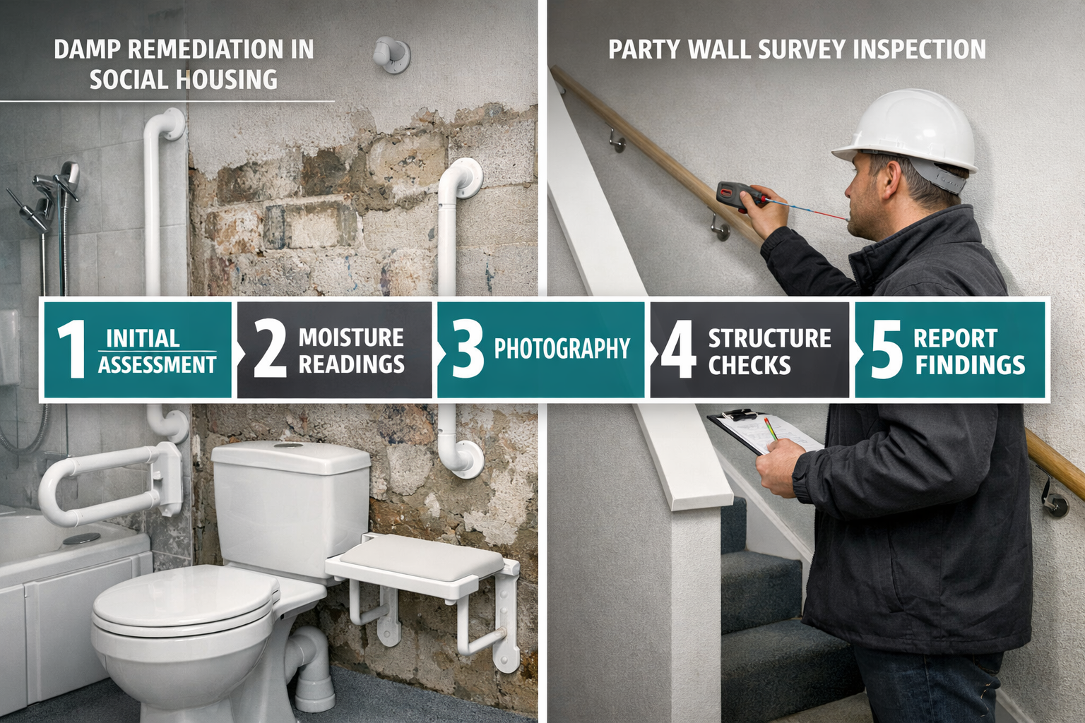 () side-by-side comparison scene: left panel shows a UK social housing bathroom with safety grab rails installed adjacent to