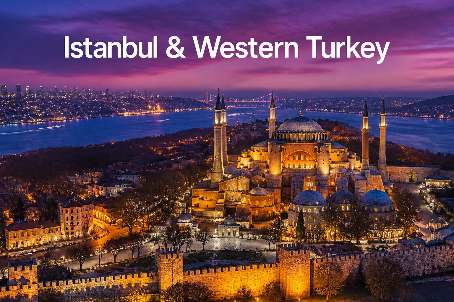 () editorial image showing a wide aerial view of Istanbul's historic peninsula at dusk, with Hagia Sophia's massive dome and