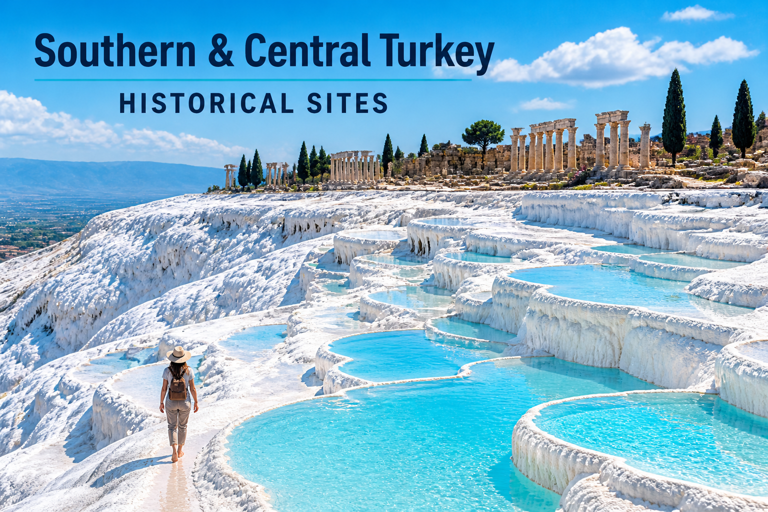 () editorial image depicting the surreal white calcium terraces of Pamukkale cascading down a hillside in bright midday