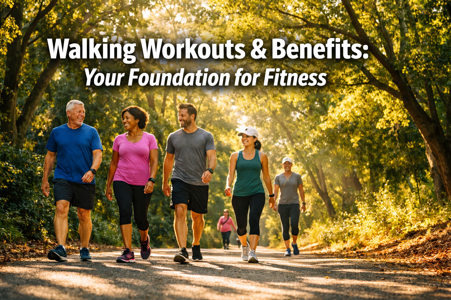 Professional landscape hero image (1536x1024) featuring bold text overlay 'Walking Workouts & Benefits: Your Foundation for Fitness' in extr