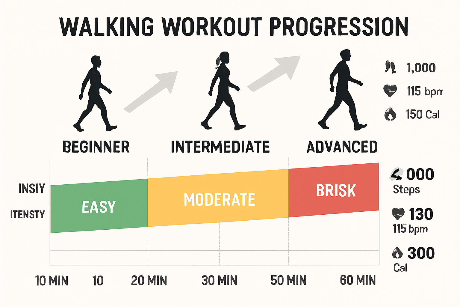 Detailed infographic showing walking workout progression chart with beginner to advanced levels, duration timelines from 10-60 minutes, inte