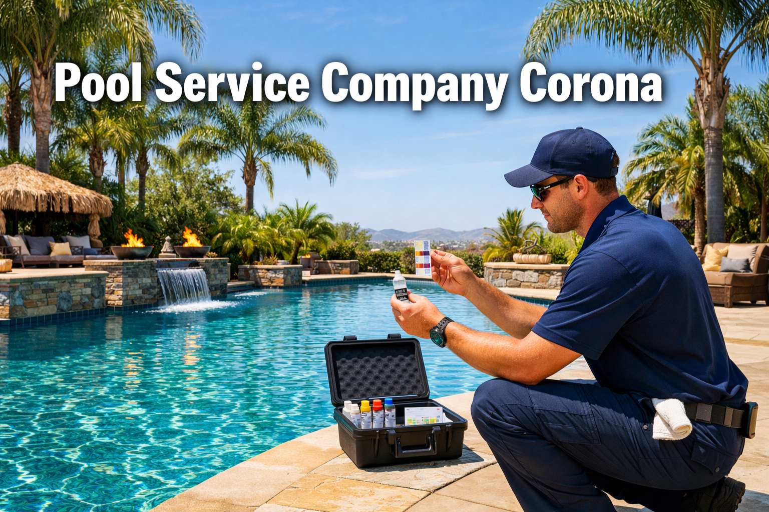 Professional () hero image with : 'Pool Service Company Corona' in extra large white with dark drop , centered upper third.