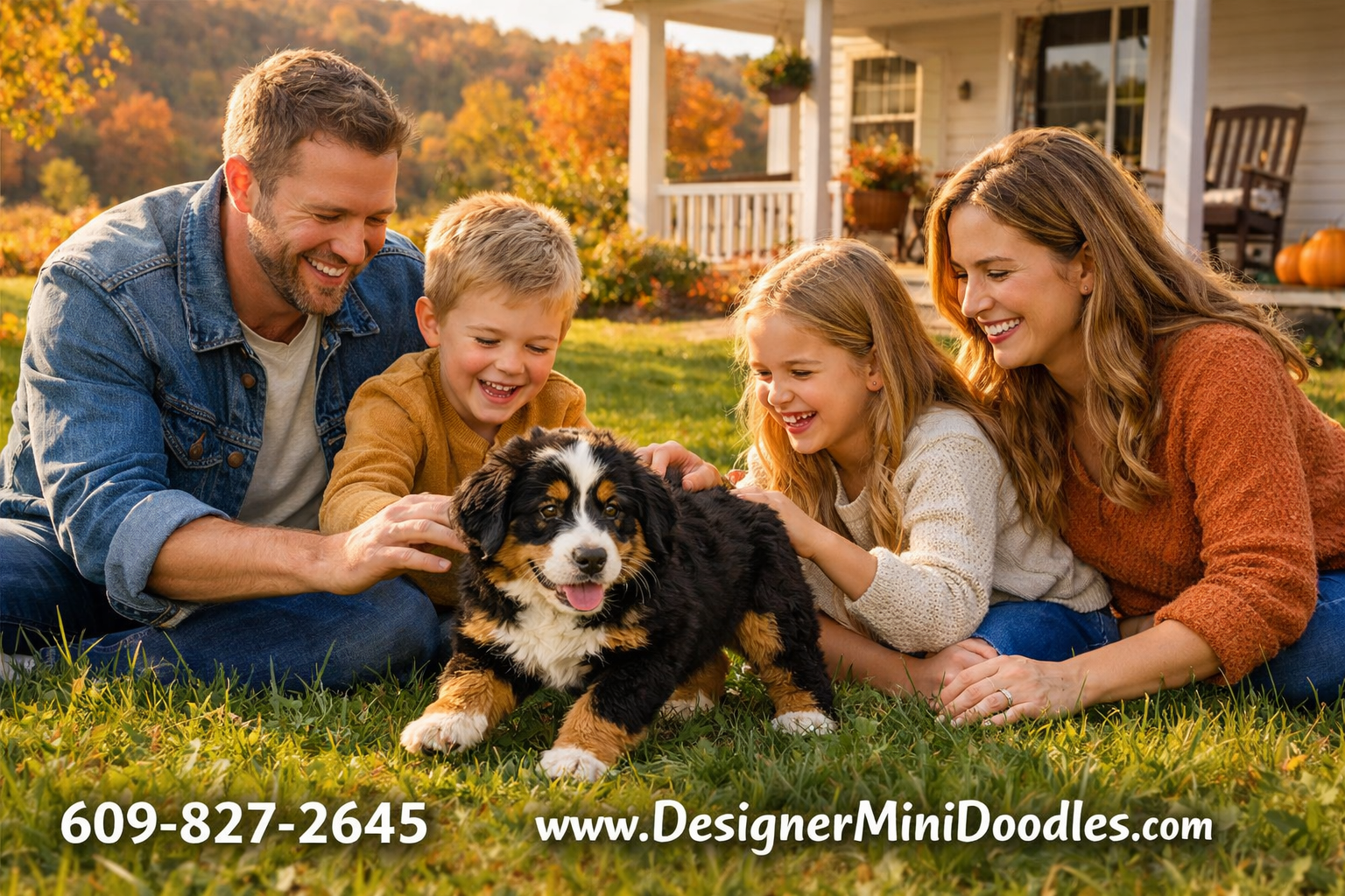 () scenic photograph showing a happy family with two children playing with a miniature Bernese mountain dog puppy in a