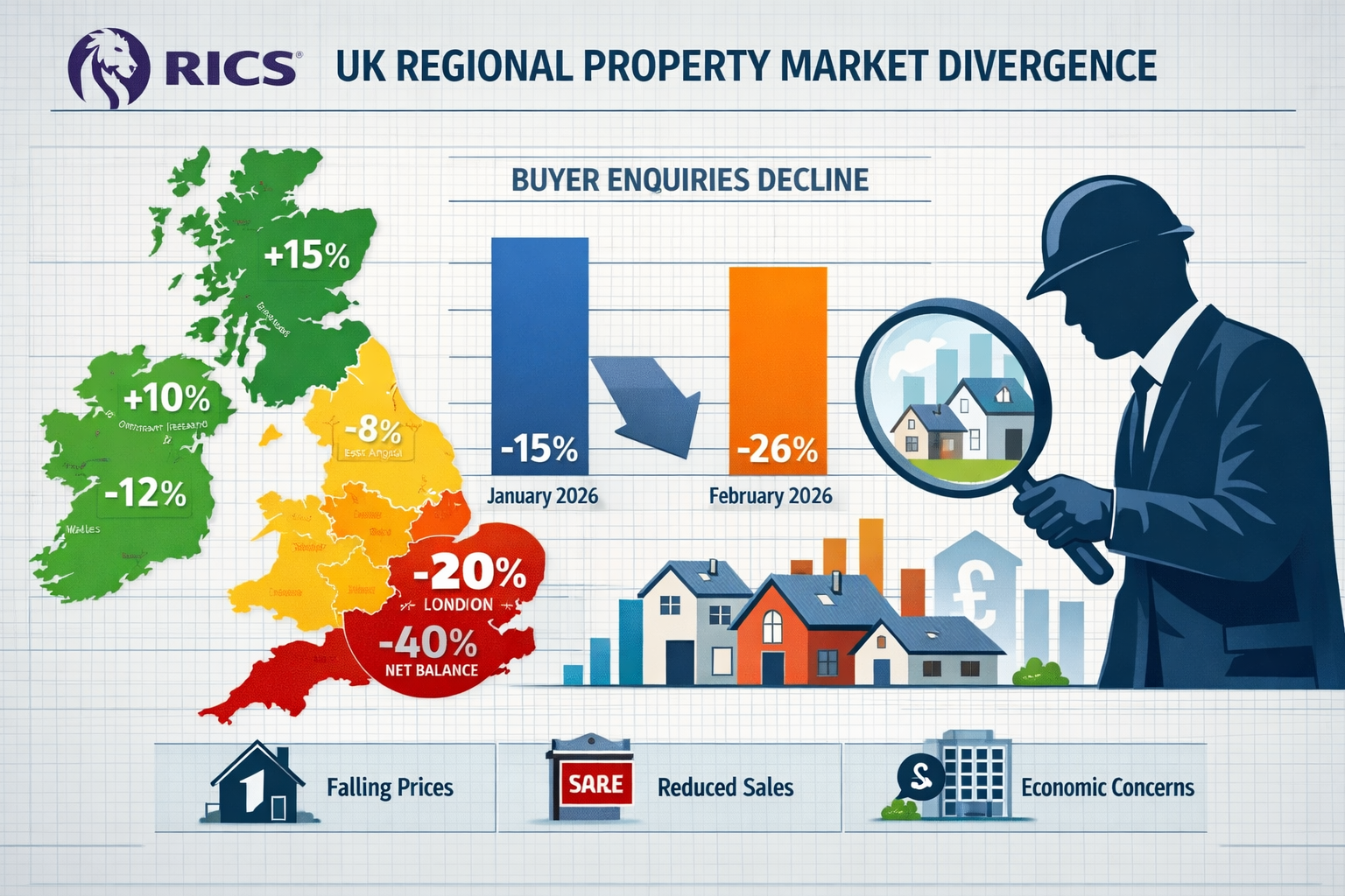 () detailed infographic showing UK regional property market divergence with color-coded heat map of England, Scotland,