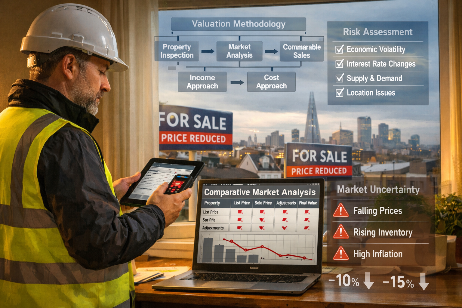 () professional scene showing chartered surveyor conducting property valuation in challenging market conditions. Foreground