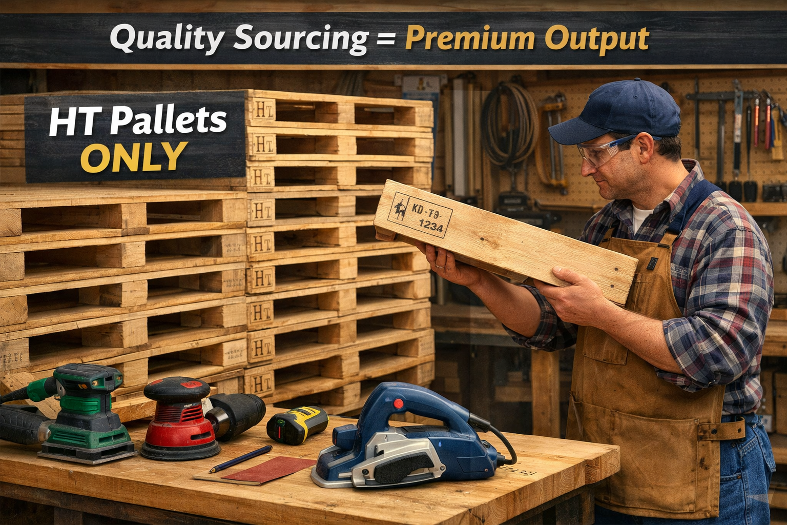 Landscape format (1536x1024) image illustrating a clean, organized workshop with stacks of safely sourced, heat-treated (HT) pallets, clearl