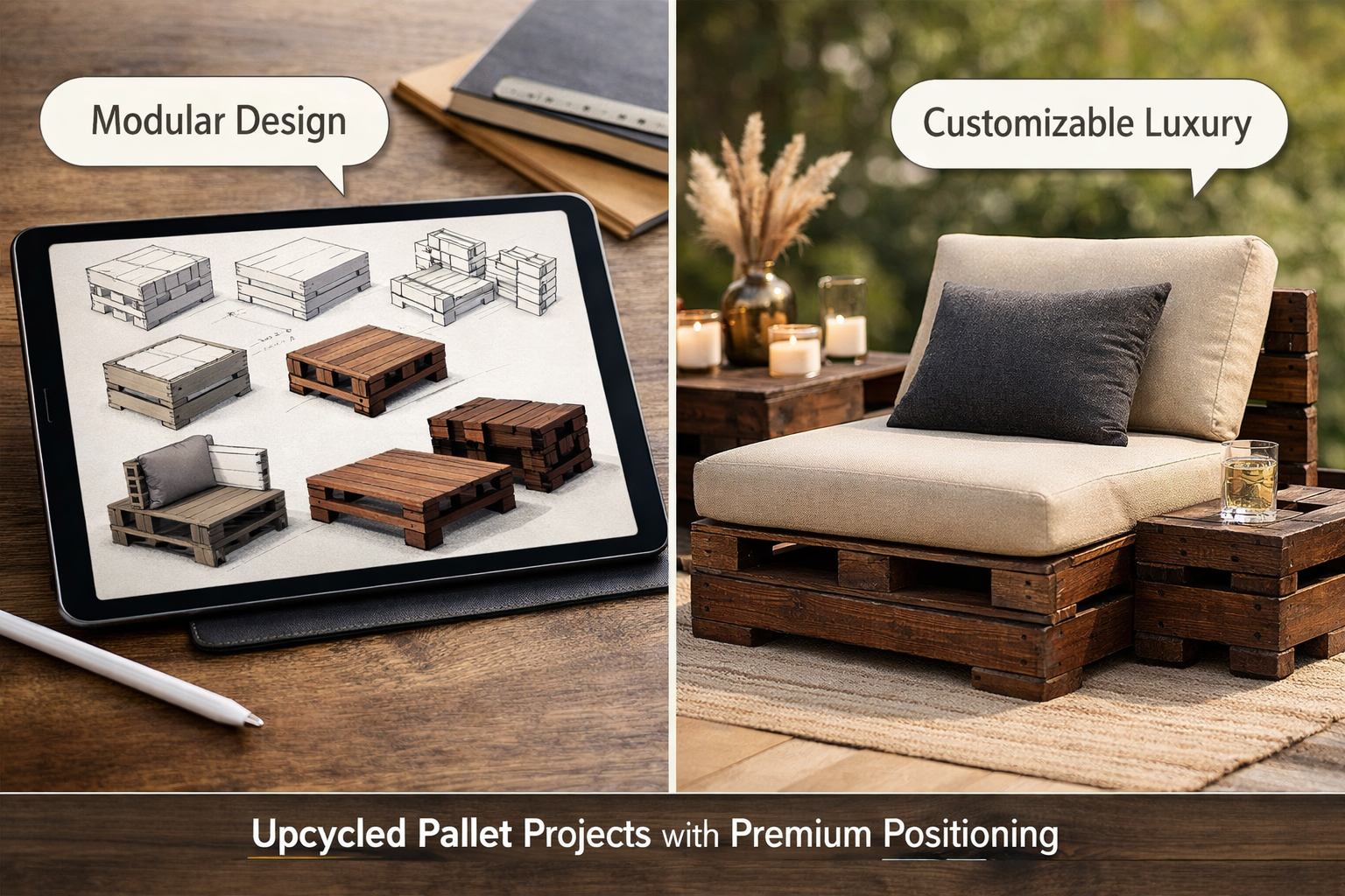 Landscape format (1536x1024) image showcasing a modular pallet furniture system. On one side, sketches and 3D renderings of interlocking pal
