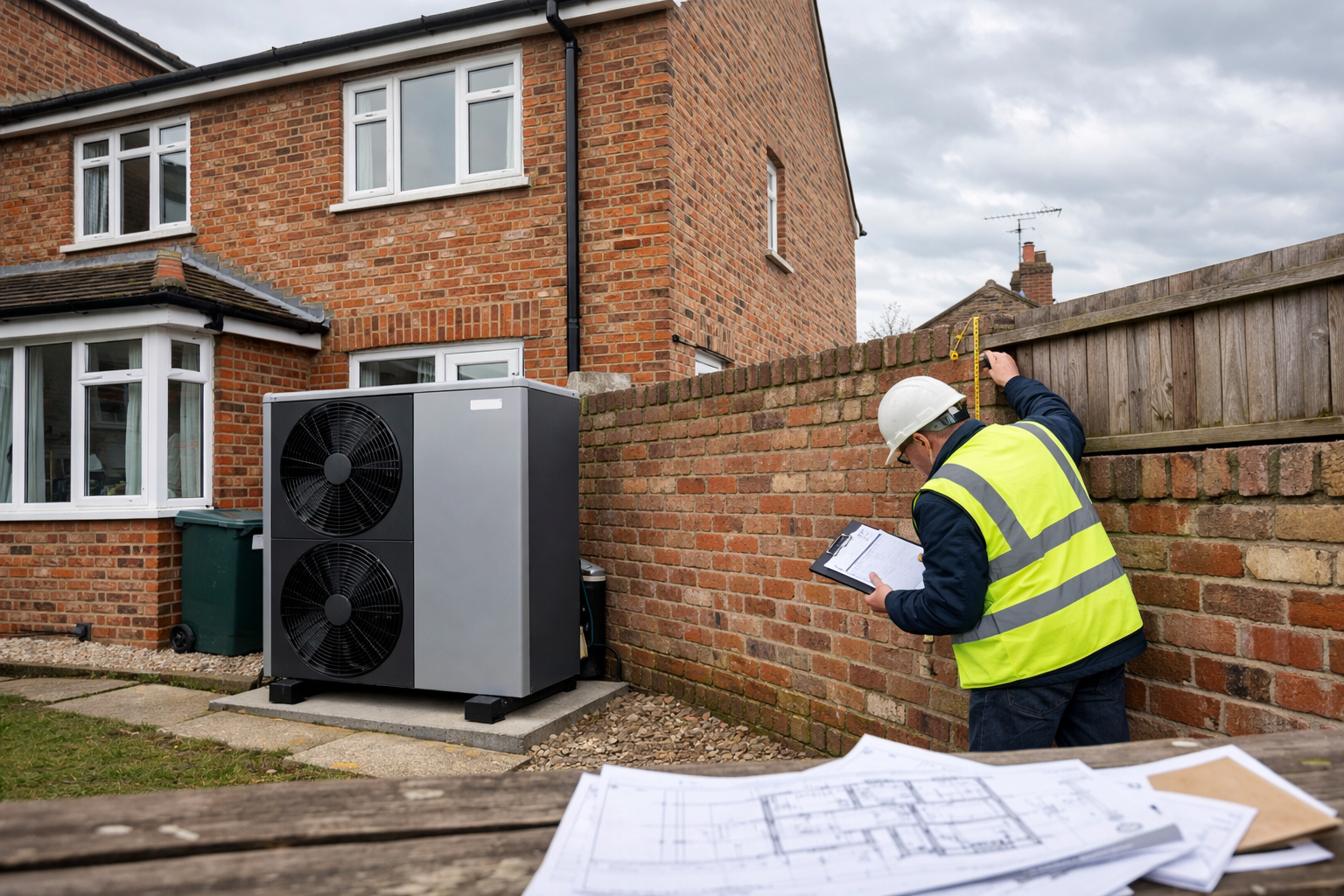 Wide-angle editorial photograph of a British semi-detached brick terrace home exterior showing an air source heat pump unit
