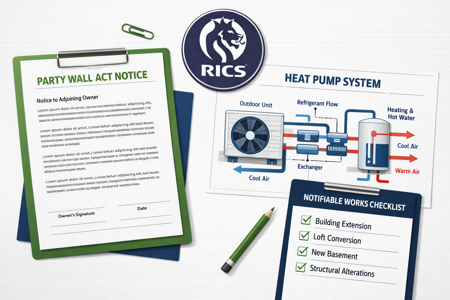 Flat-lay infographic style illustration showing a Party Wall Act notice document, RICS logo badge, a heat pump technical