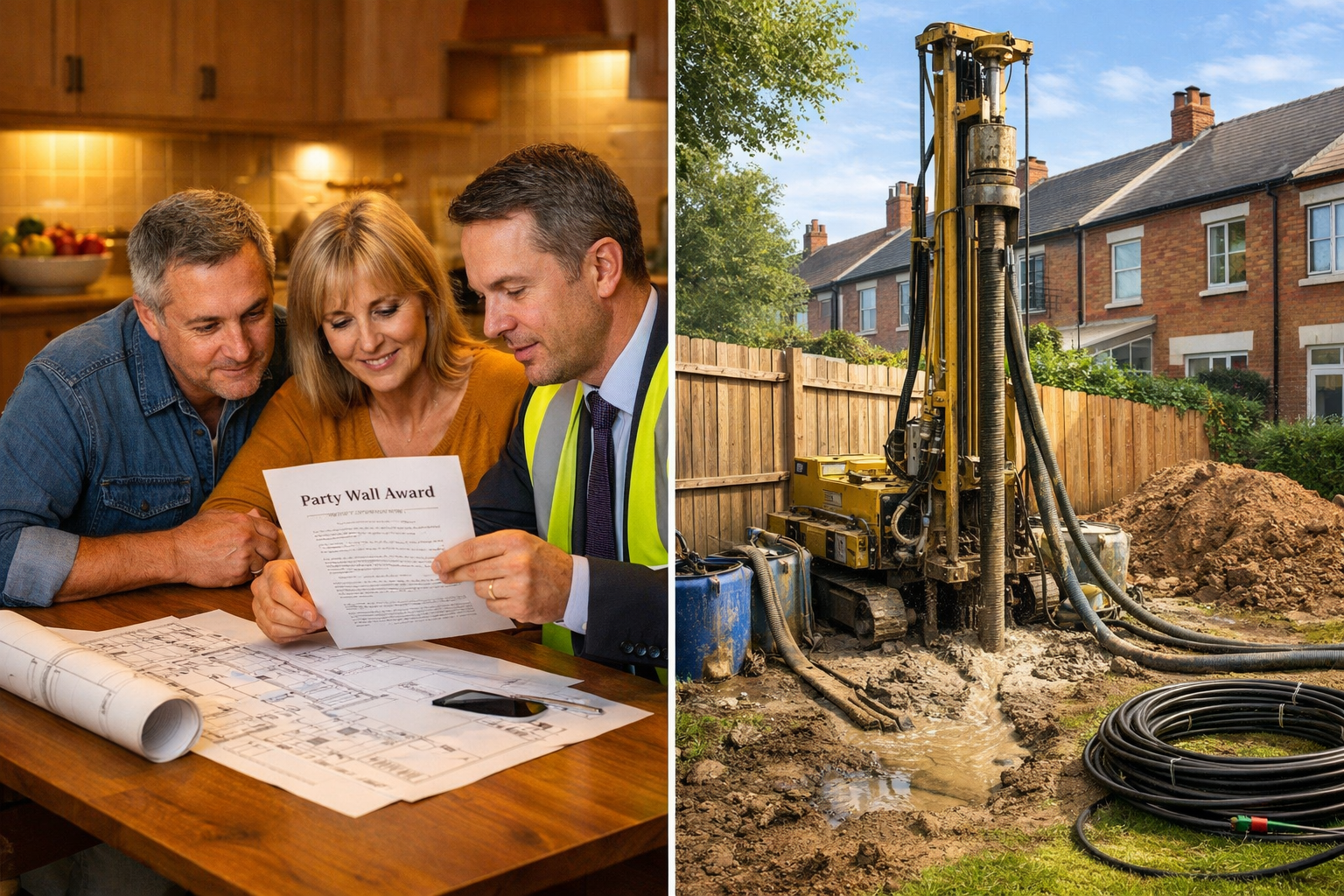 Split-scene editorial image: left side shows two homeowners and a chartered surveyor reviewing a party wall award document