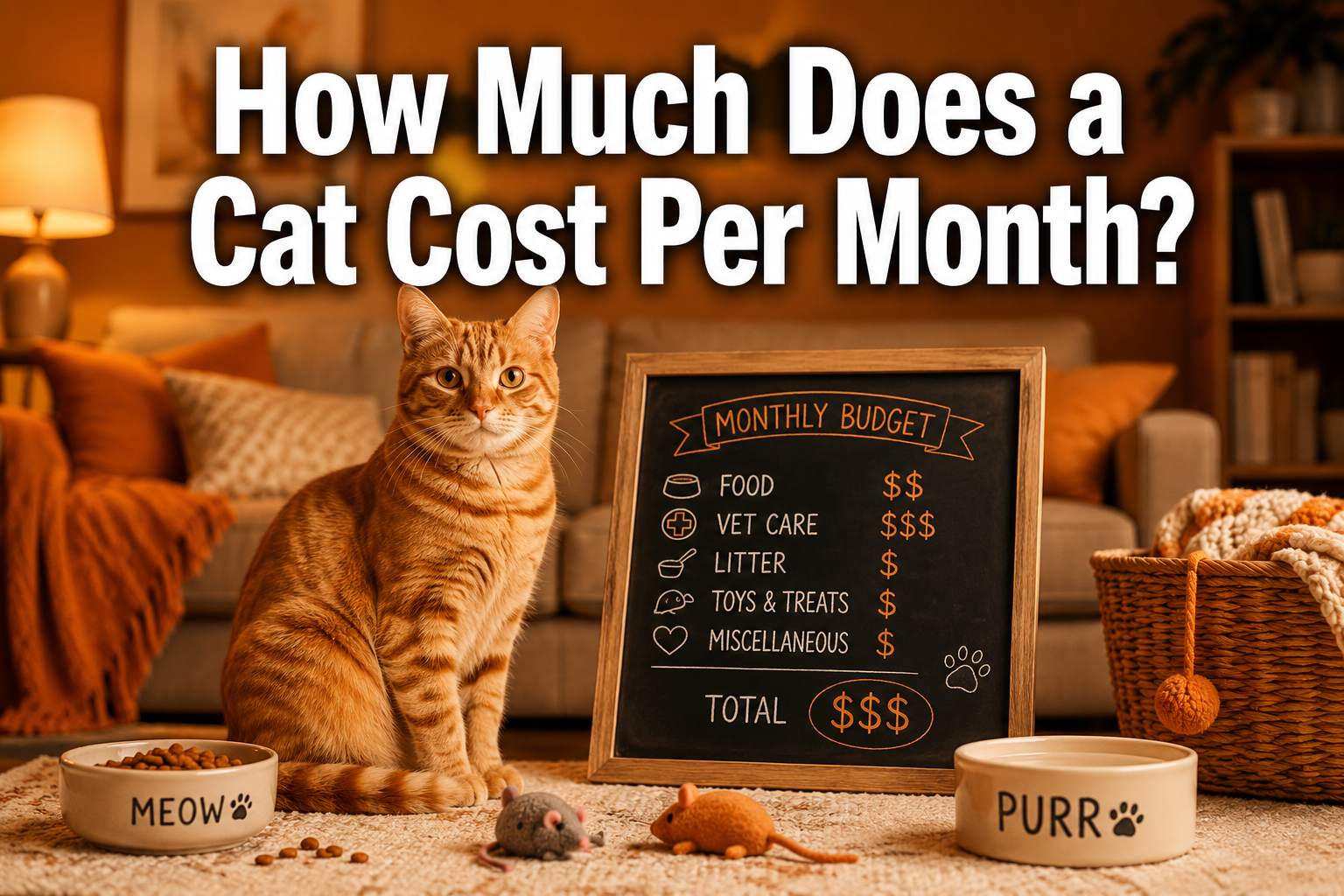 Professional () hero image with : 'How Much Does a Cat Cost Per Month?' in extra large white with deep effect, centered