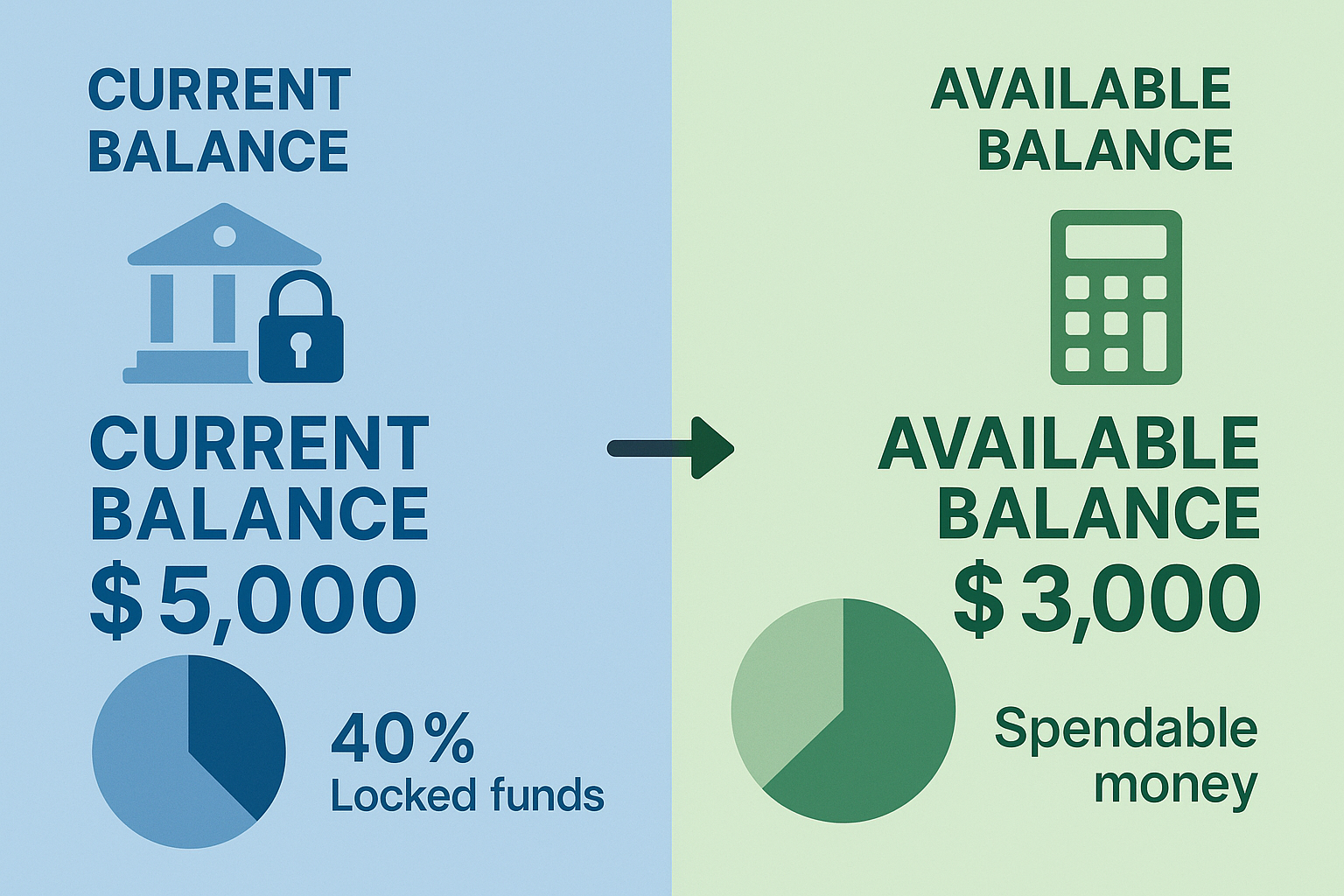 Infographic-style dashboard visualizing Current Balance vs Available Balance differences, split-screen design with clear iconography. Left s