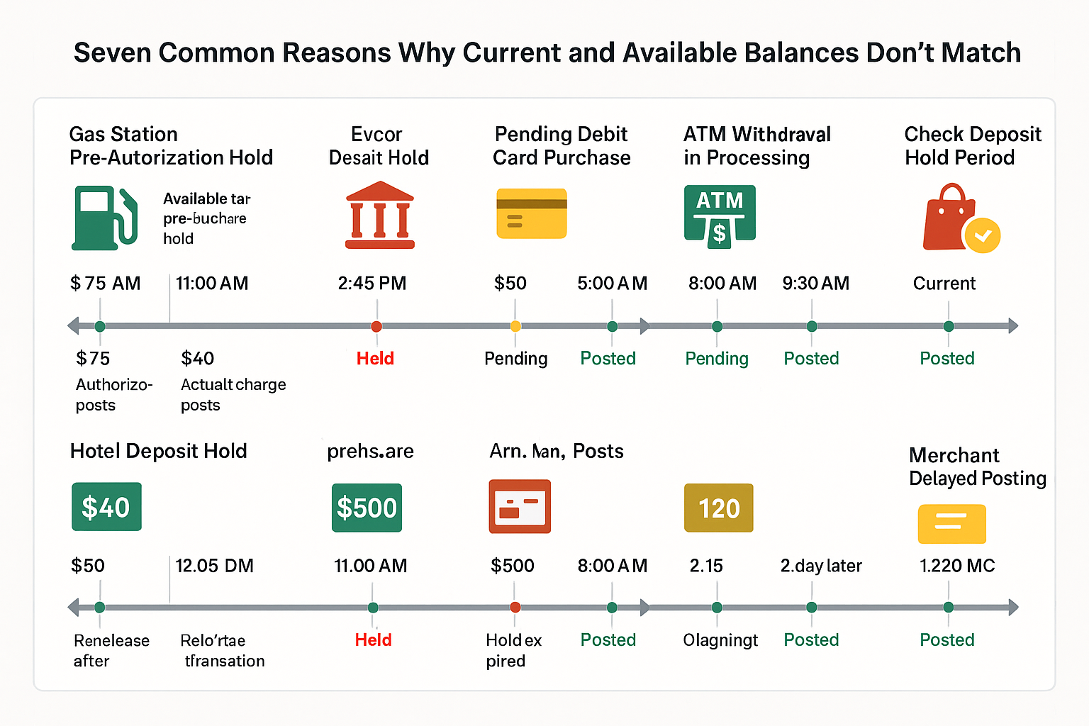 Comprehensive visual timeline (1536x1024) illustrating seven common scenarios why current and available balances don't match. Horizontal tim