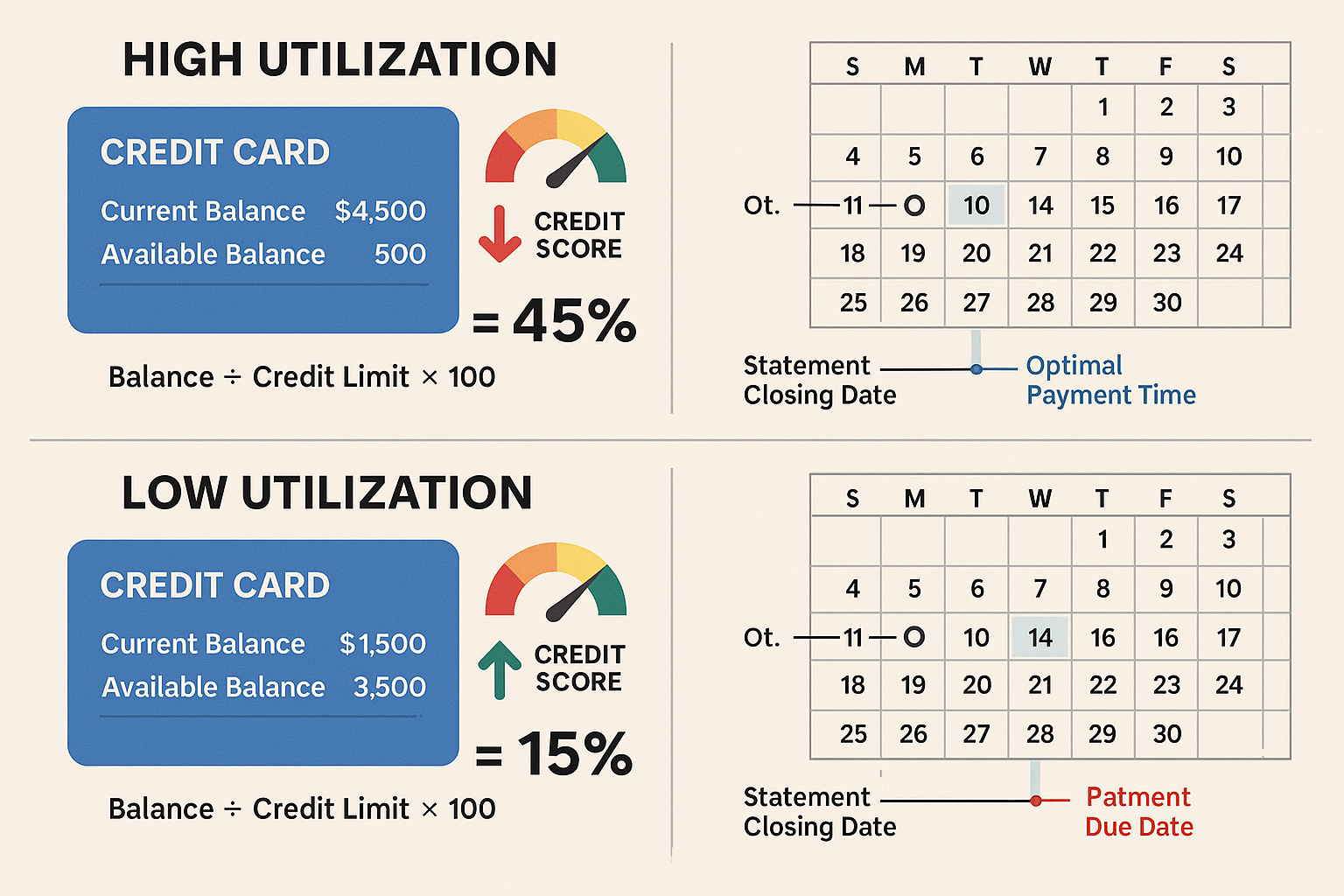 Interactive visual guide (1536x1024) demonstrating credit utilization impact and payment strategy optimization. Split composition showing tw