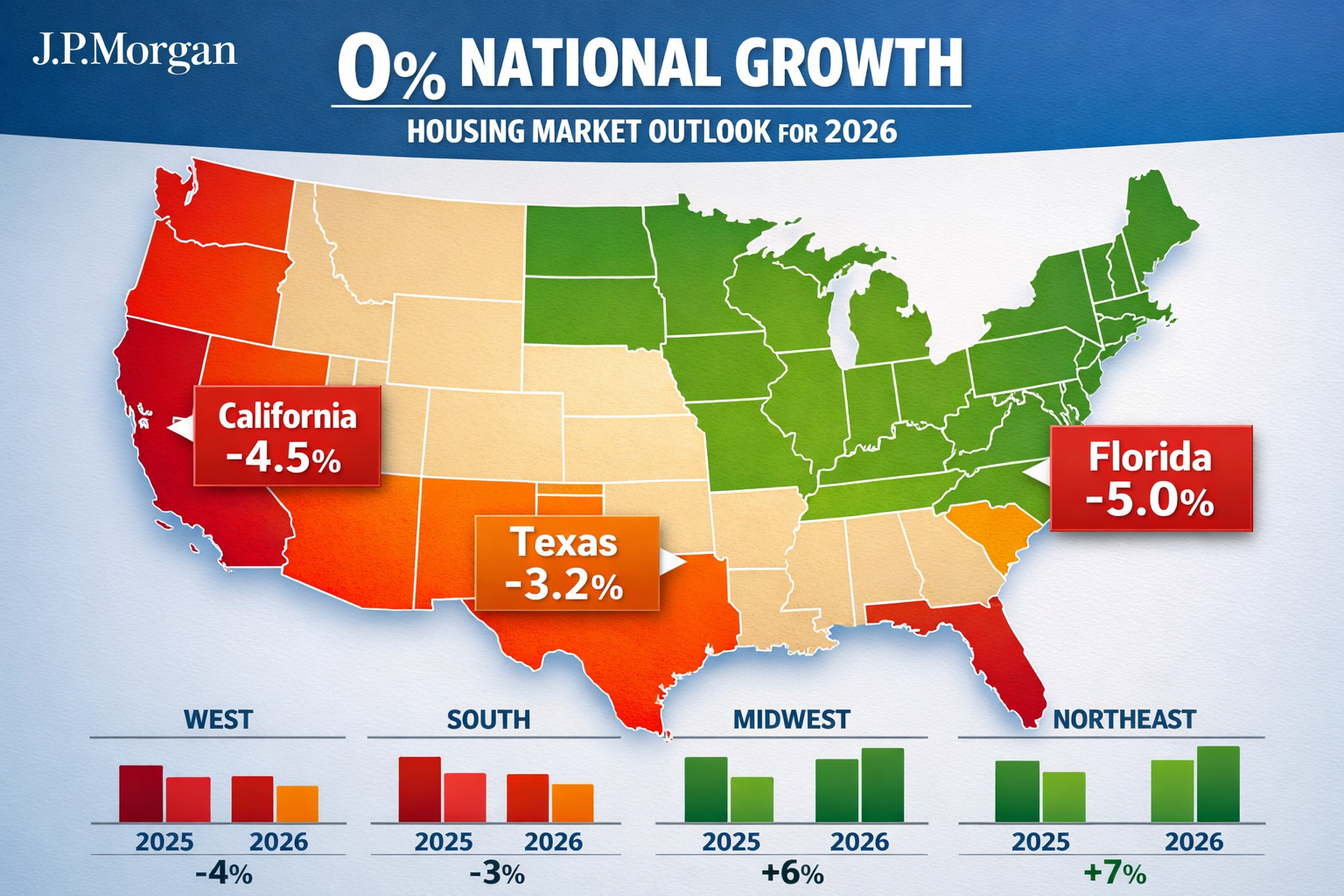 Detailed () image showing interactive U.S. map with color-coded regional housing market performance for 2026. West Coast and