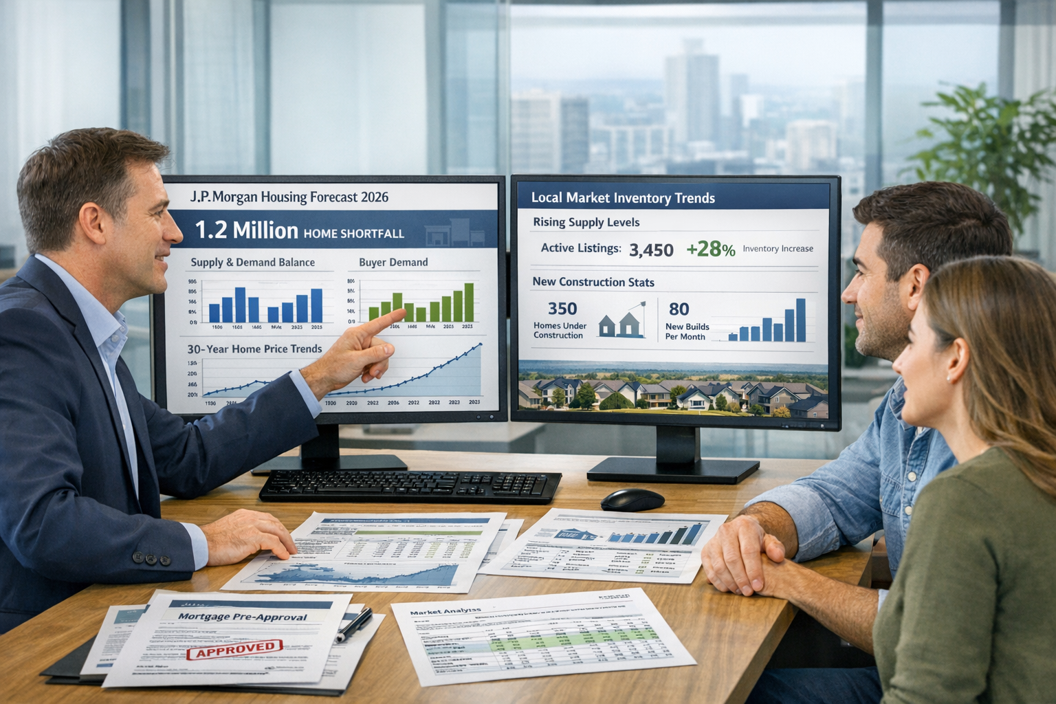 Detailed () image showing modern real estate office consultation scene with agent and clients reviewing dual-monitor setup.