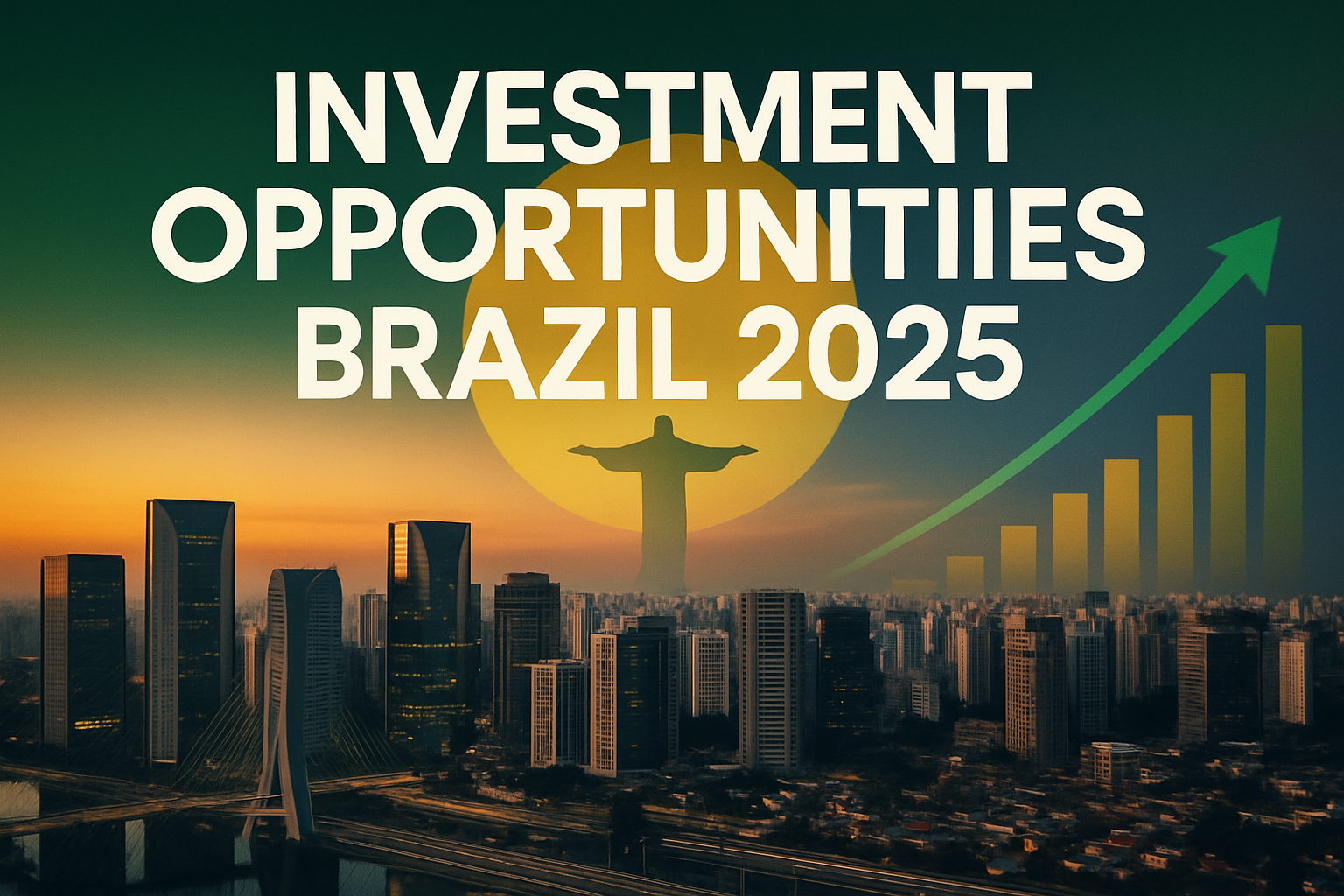 Professional landscape hero image (1536x1024) featuring bold text overlay 'Investment Opportunities Brazil 2025' in extra large 72pt white s