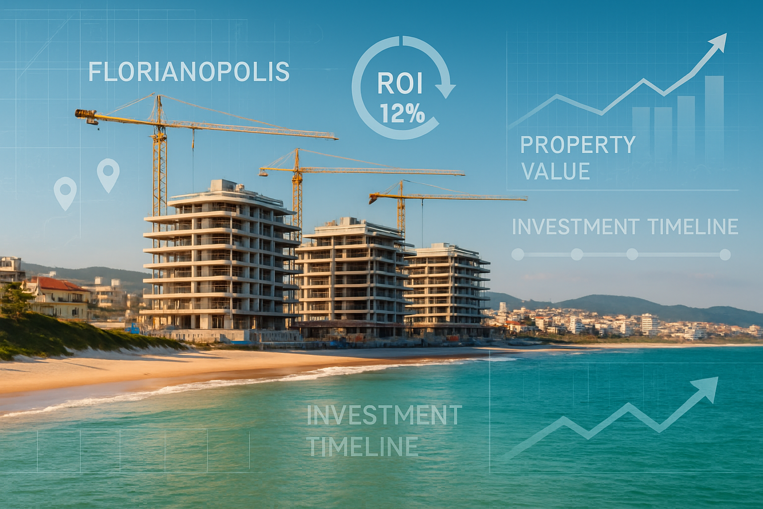 Professional landscape photograph (1536x1024) of modern Brazilian real estate development in Florianópolis showing luxury beachfront condomi