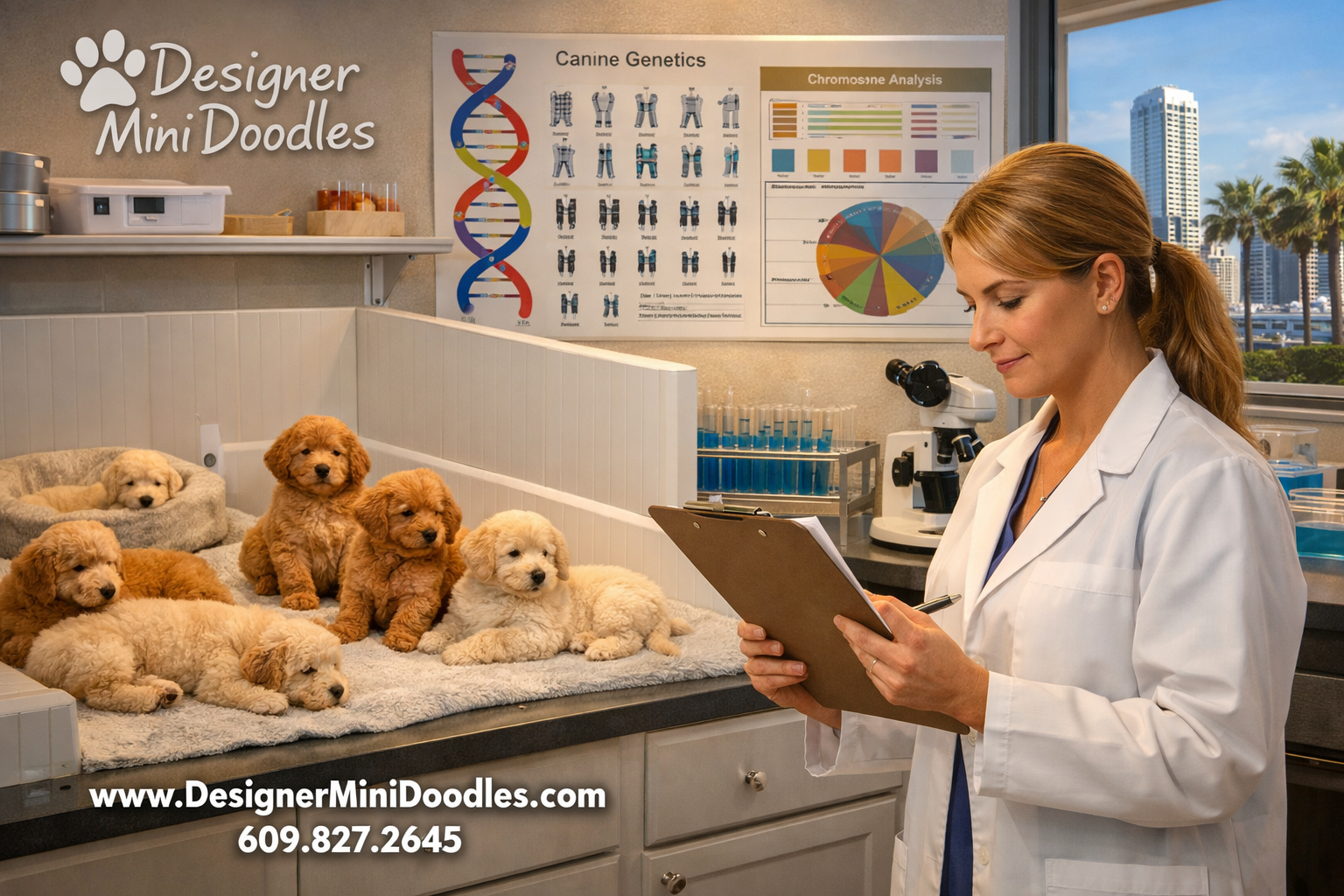 () editorial image showing a professional animal biology laboratory setting with a female scientist in a white coat