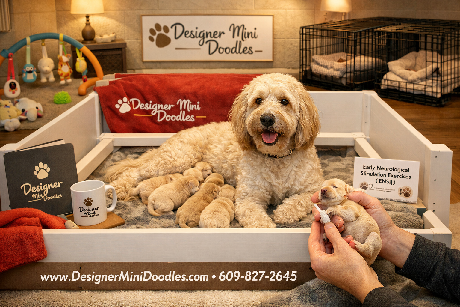 () depicting a warm nurturing whelping room scene with a mother goldendoodle and newborn puppies in a professional whelping