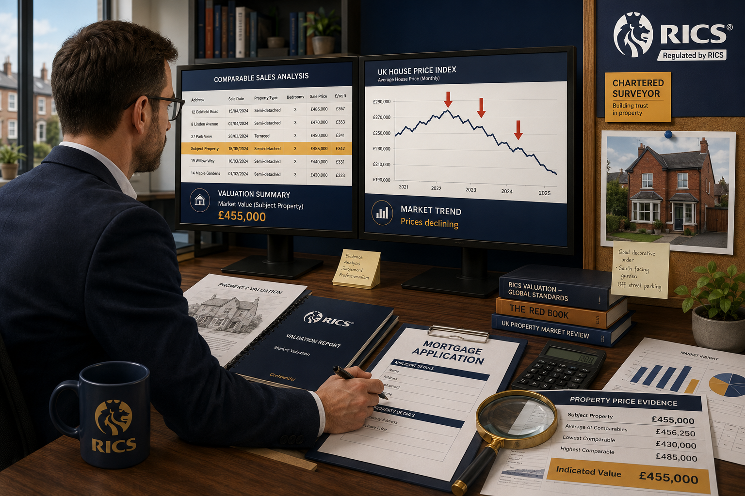 Wide-angle editorial illustration showing a RICS chartered surveyor at a desk reviewing comparable property sales data on