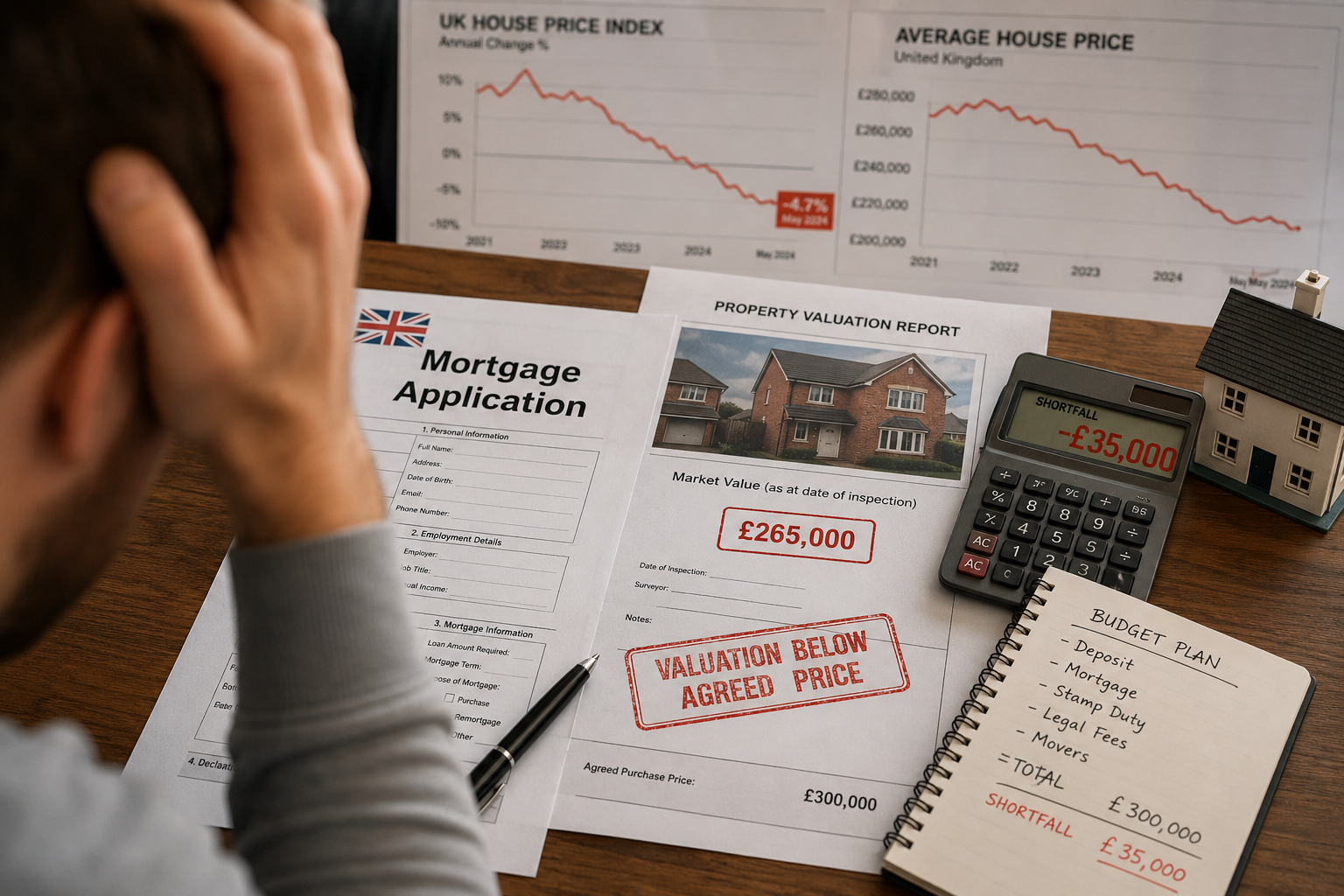 Close-up overhead shot of a UK mortgage application form on a wooden desk beside a property valuation report stamped with a