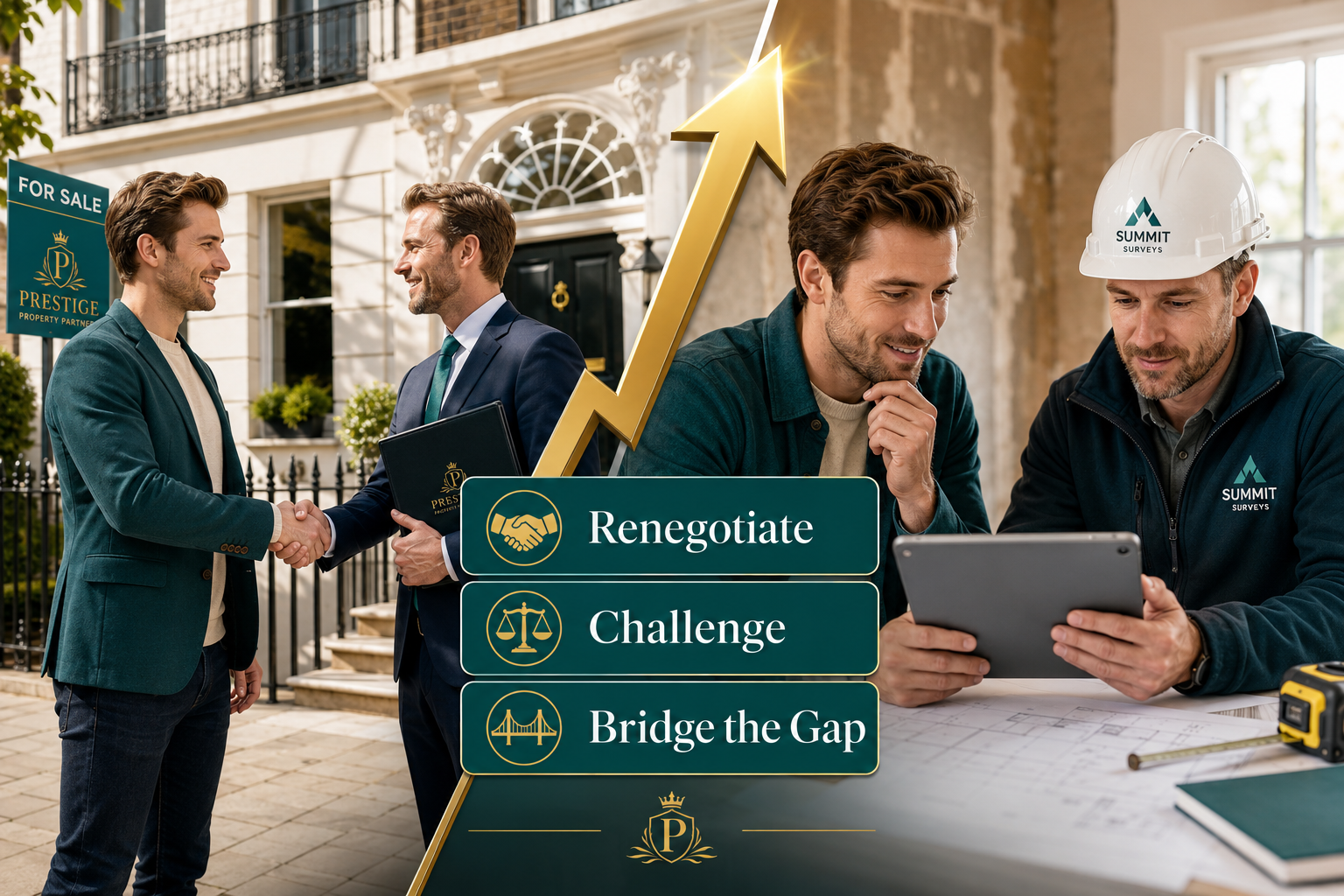 Split-composition landscape image: left side shows a confident UK property buyer shaking hands with an estate agent outside