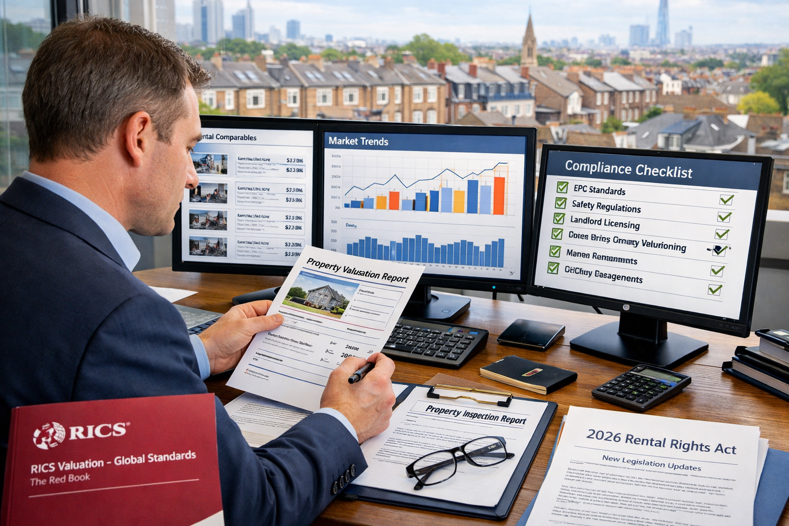 Detailed landscape format (1536x1024) image showing RICS chartered surveyor in professional attire examining property valuation documents at