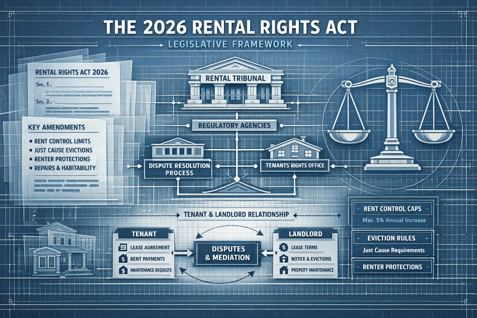 Detailed architectural blueprint-style infographic illustrating the 2026 Rental Rights Act framework, featuring translucent layered legal do