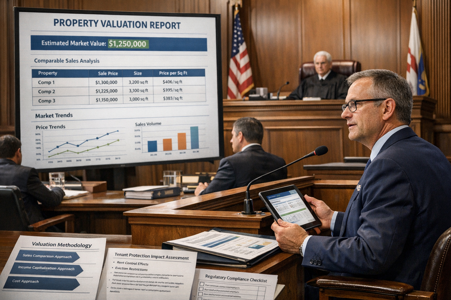 Detailed landscape format (1536x1024) image showing professional courtroom testimony scene with expert witness presenting valuation evidence