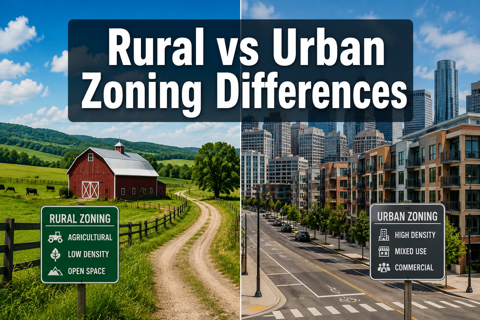 Professional () hero image with : 'Rural vs Urban Zoning Differences' in extra large white with dark semi-transparent box,