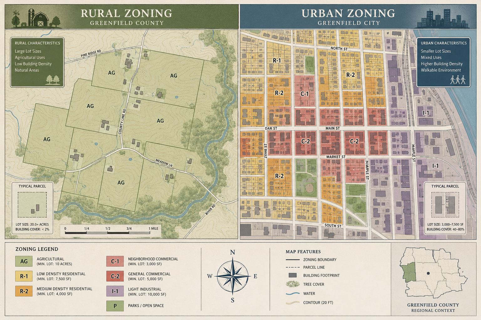 Detailed () editorial infographic illustration showing a side-by-side comparison of rural and urban zoning maps. Left panel