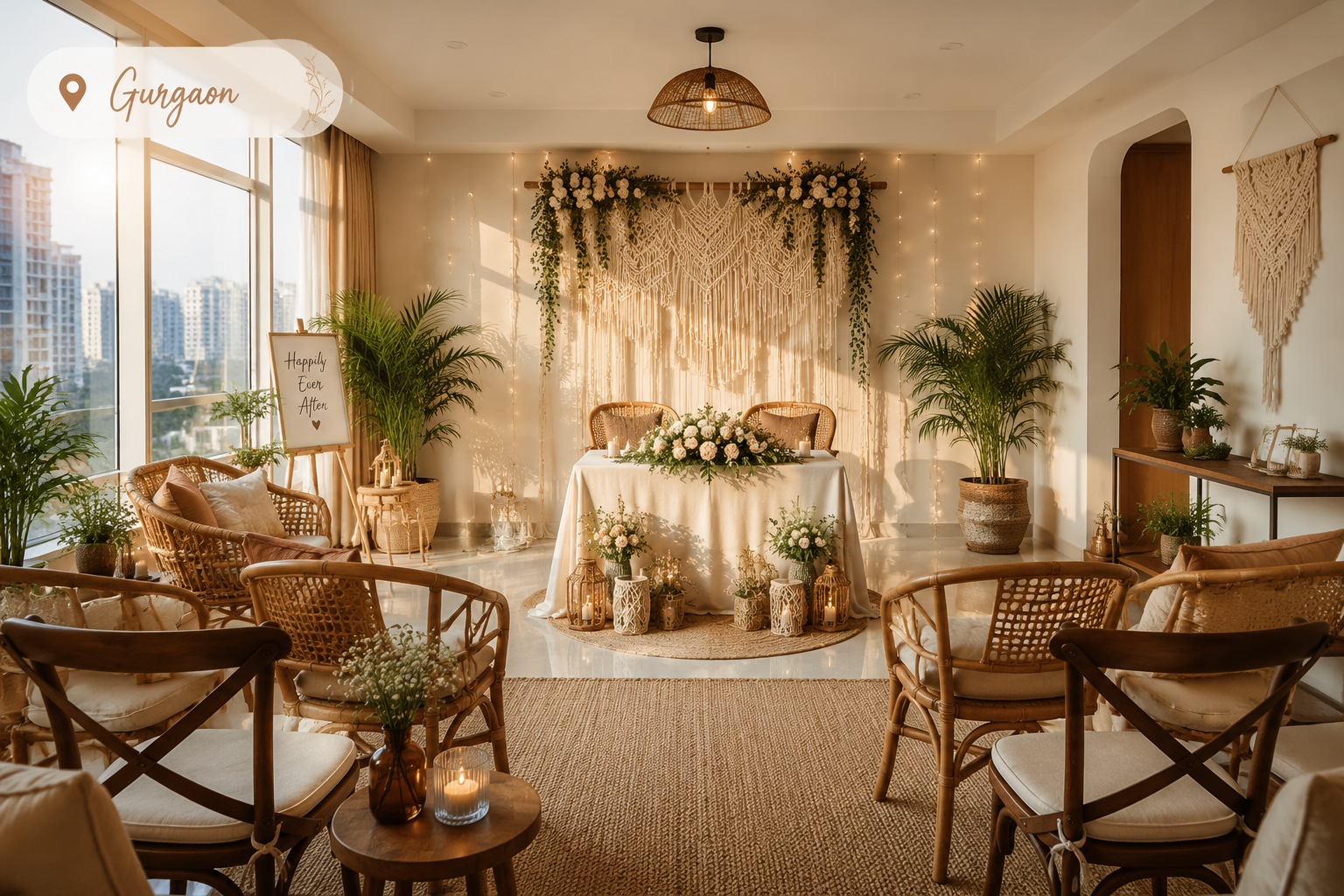 () image showing a chic, specifically designed for a 'Boho Chic' themed micro-wedding. The scene features minimalist decor