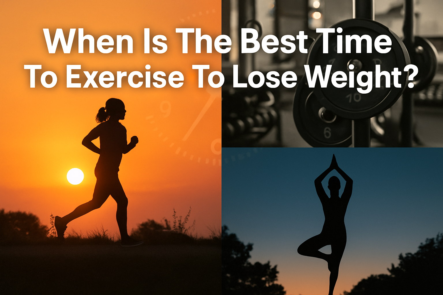 Professional landscape hero image (1536x1024) featuring bold text overlay 'When Is The Best Time To Exercise To Lose Weight?' in extra large