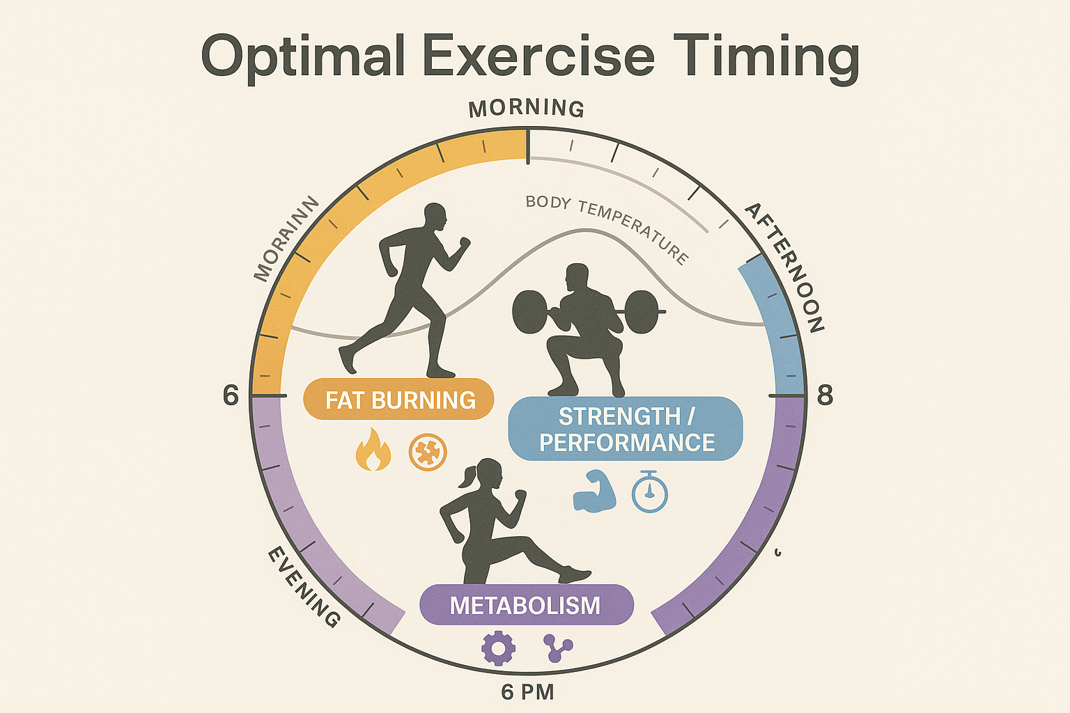Detailed infographic showing circadian rhythm clock with exercise timing benefits - morning (6-8 AM) section highlighted in orange showing f