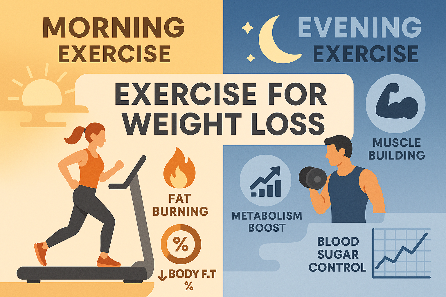 Split comparison illustration showing morning vs evening exercise benefits for weight loss - left side depicts sunrise scene with person doi