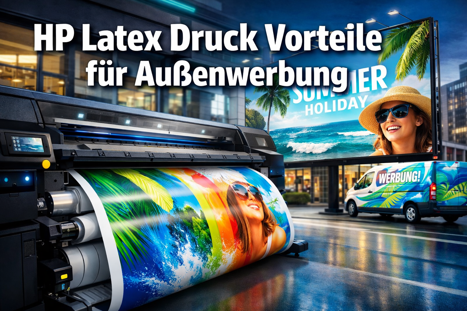 Professional landscape format (1536x1024) hero image featuring bold text overlay 'HP Latex Druck Vorteile für Außenwerbung' in extra large 7