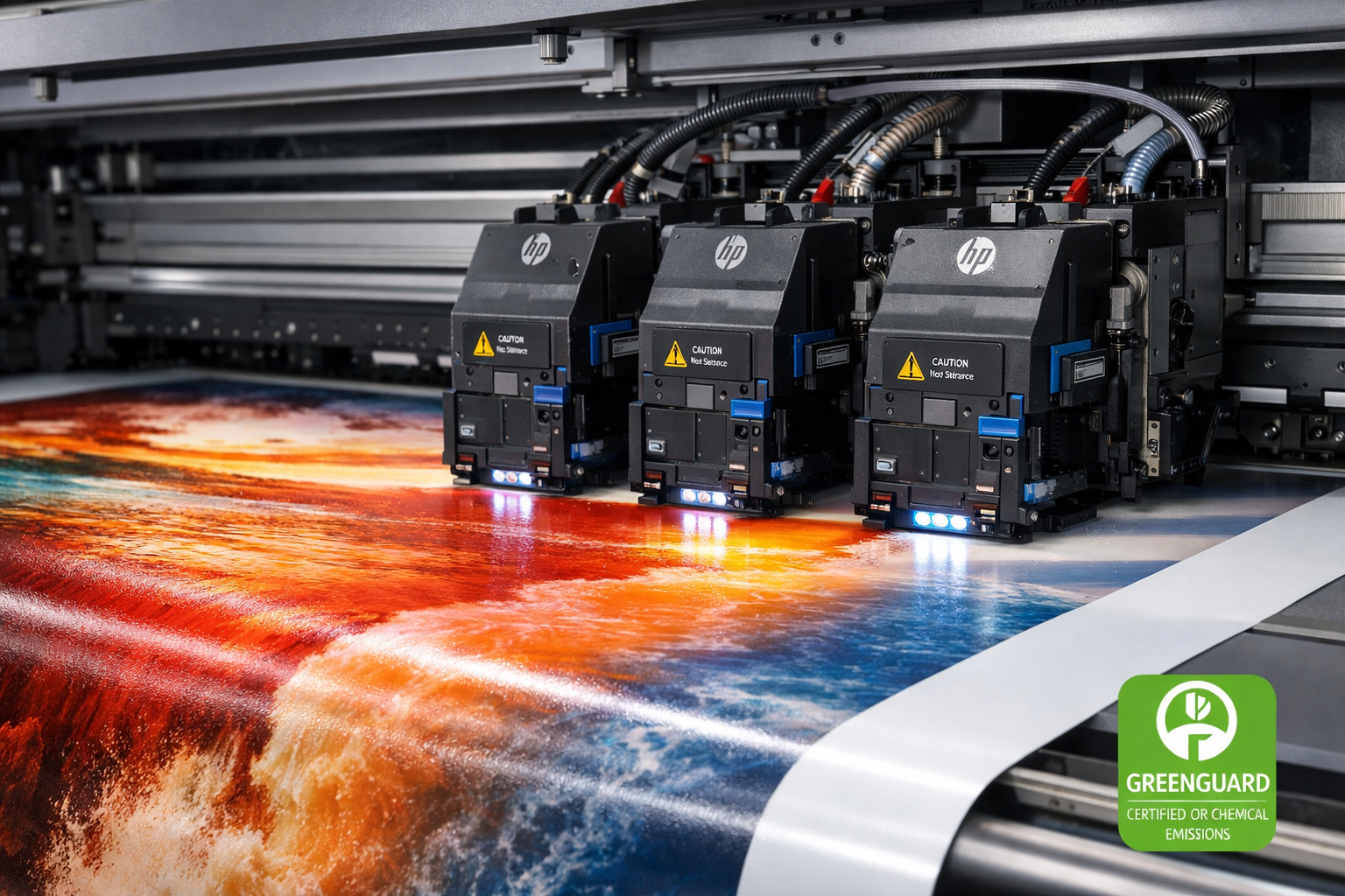 Landscape format (1536x1024) image showing HP Latex printer in action printing weather-resistant outdoor banner material, close-up of print 