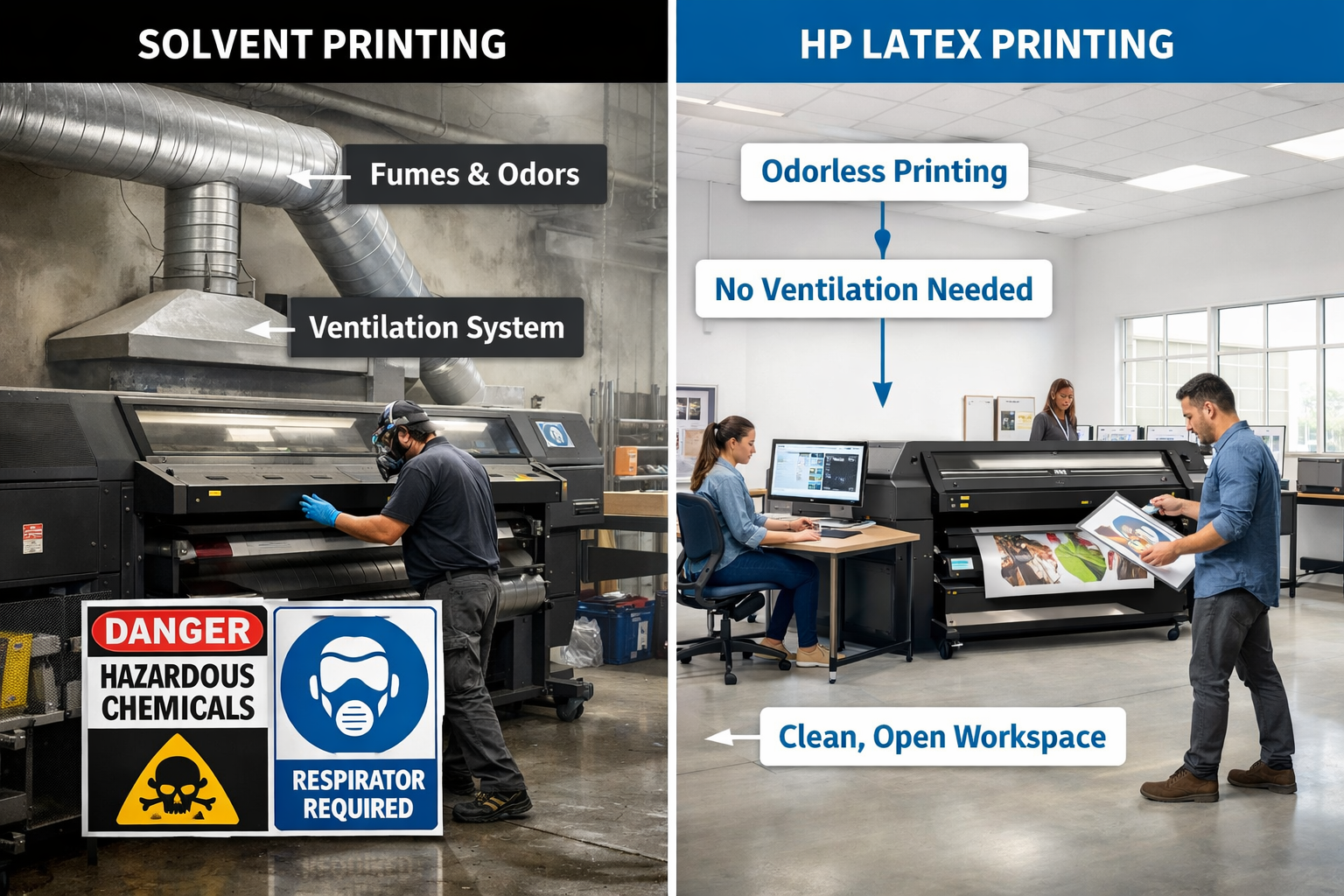 Landscape format (1536x1024) split-screen comparison image showing traditional solvent-based printing setup on left with ventilation equipme