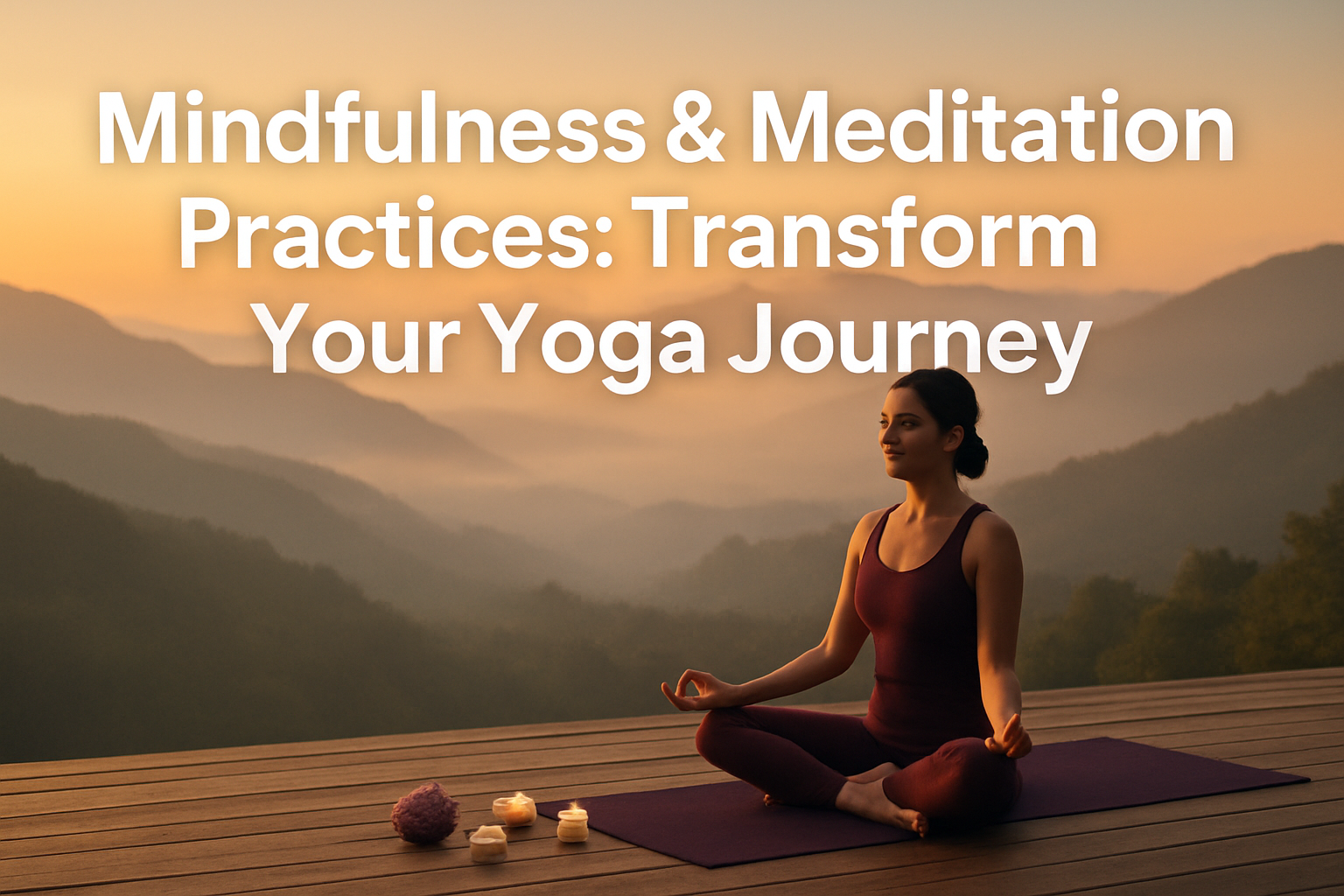 Professional landscape hero image (1536x1024) featuring bold text overlay 'Mindfulness & Meditation Practices: Transform Your Yoga Journey'