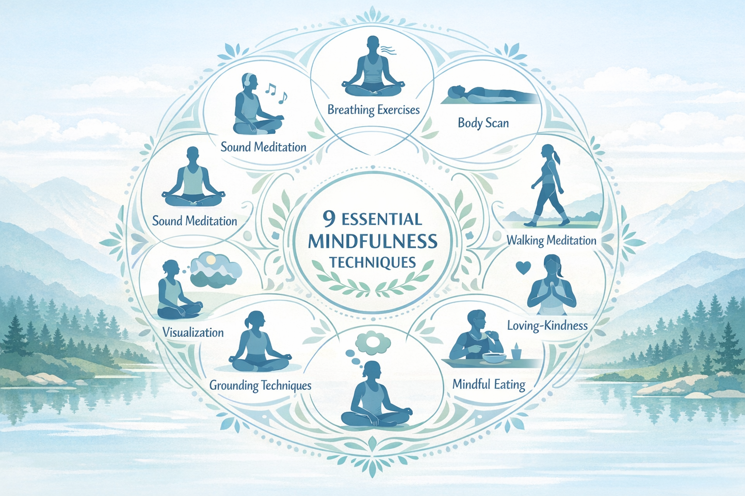 Detailed infographic showing 9 essential mindfulness techniques arranged in circular mandala pattern, each technique illustrated with simple