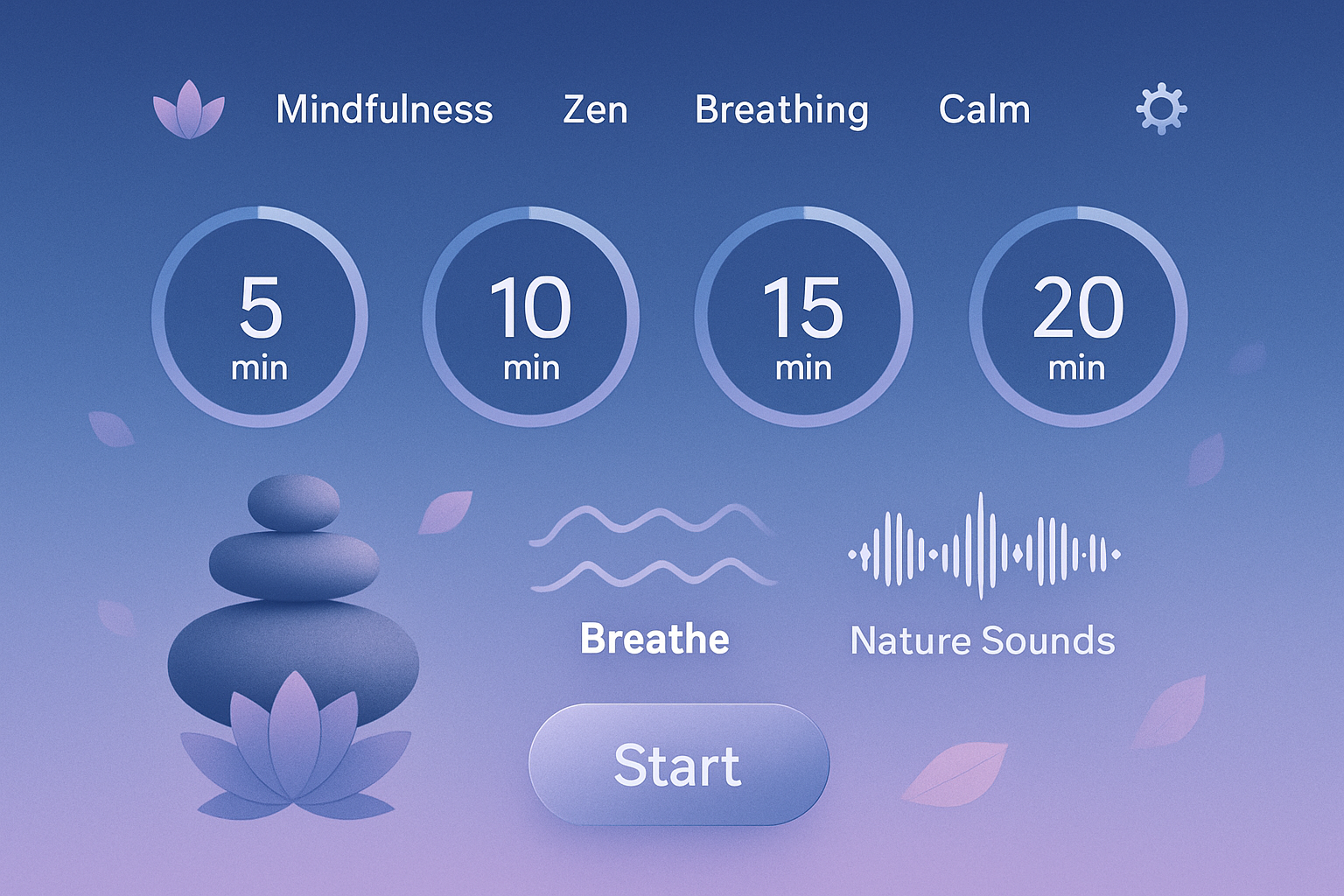 Interactive meditation timer visualization showing different meditation styles and durations, circular progress indicators for 5, 10, 15, an