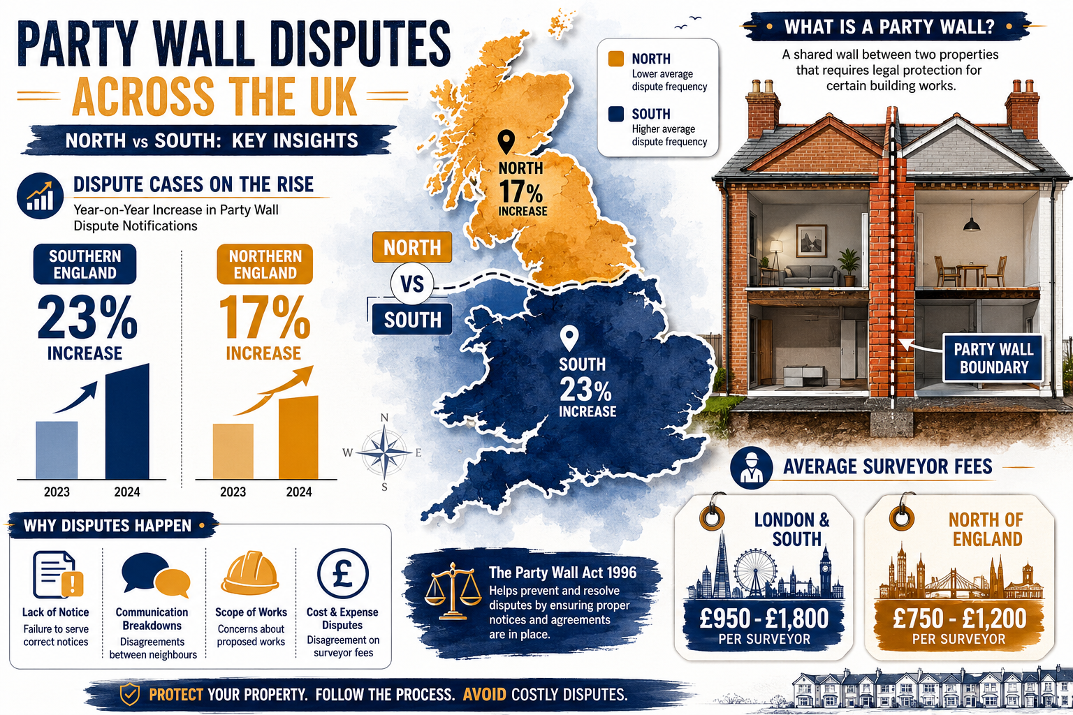 Detailed () infographic-style illustration showing a UK map divided into North and South regions with color-coded party wall
