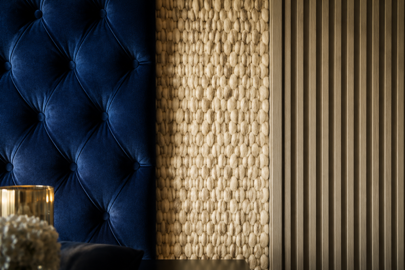 Close-up editorial photograph of a luxury party wall surface featuring three distinct texture zones side by side: deep