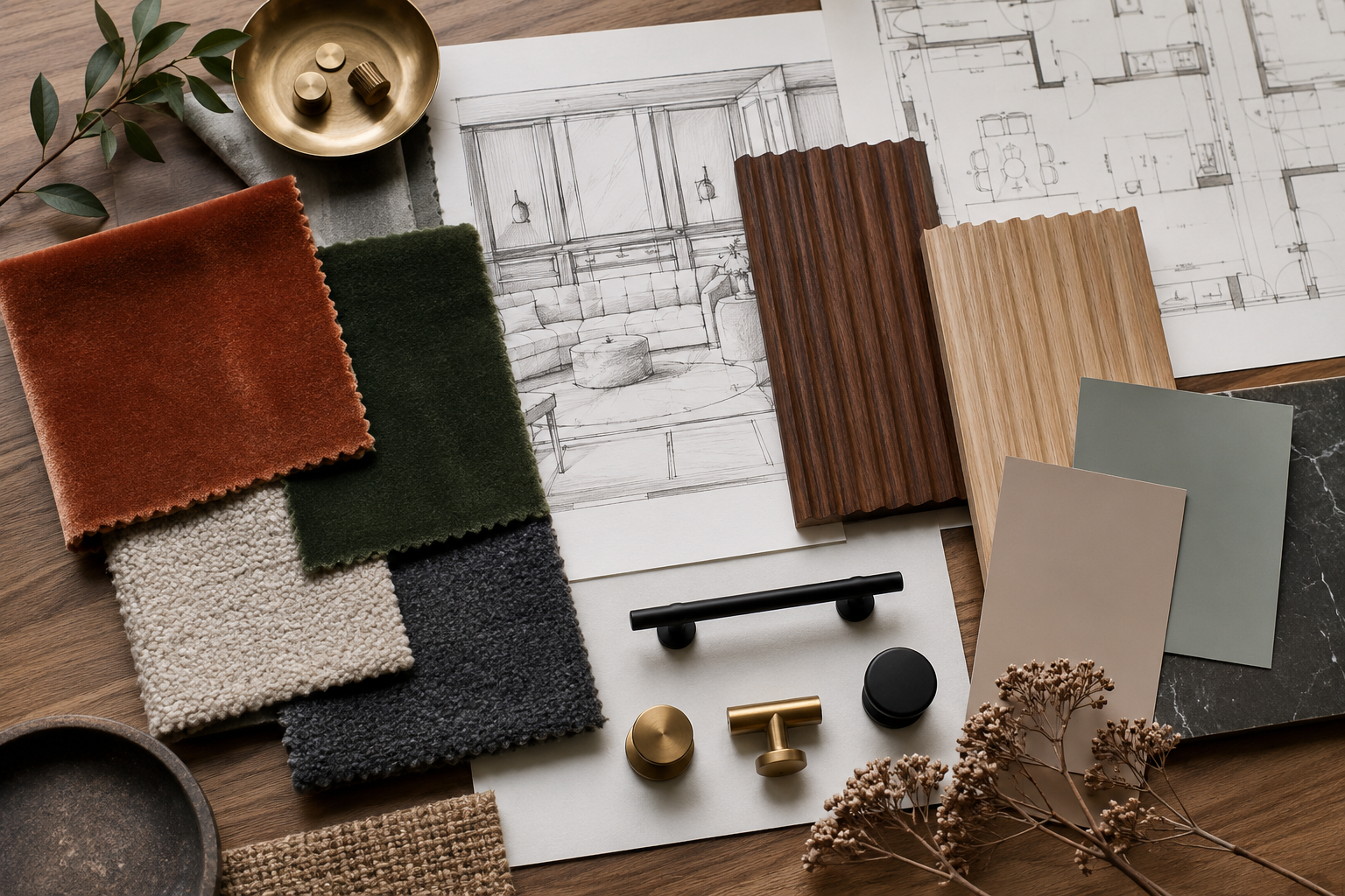 Flat-lay style overhead composition showing a mood board for textured party wall design combinations: fabric swatches of